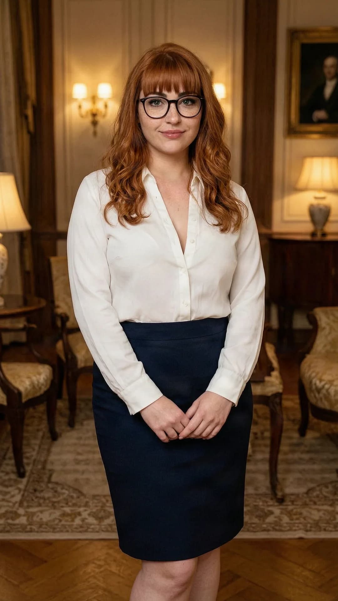 A 27-year-old chubby Caucasian woman with red hair in bangs, green eyes behind glasses, freckles across her cheeks and nose, standing in a softly lit elegant room with warm ambient lighting, full body photo from a straight-on eye-level camera angle, wearing an elegant knee-length skirt and a fitted blouse unbuttoned just enough to reveal a hint of cleavage, posing with hands lightly clasped in front, body slightly turned to accentuate her curves, direct eye contact with the viewer showing a shy smile and gentle emotional warmth, lips softly parted, realistic style, flawless anatomy, no extra digits, no extra limbs, realistic skin texture, high-detail.