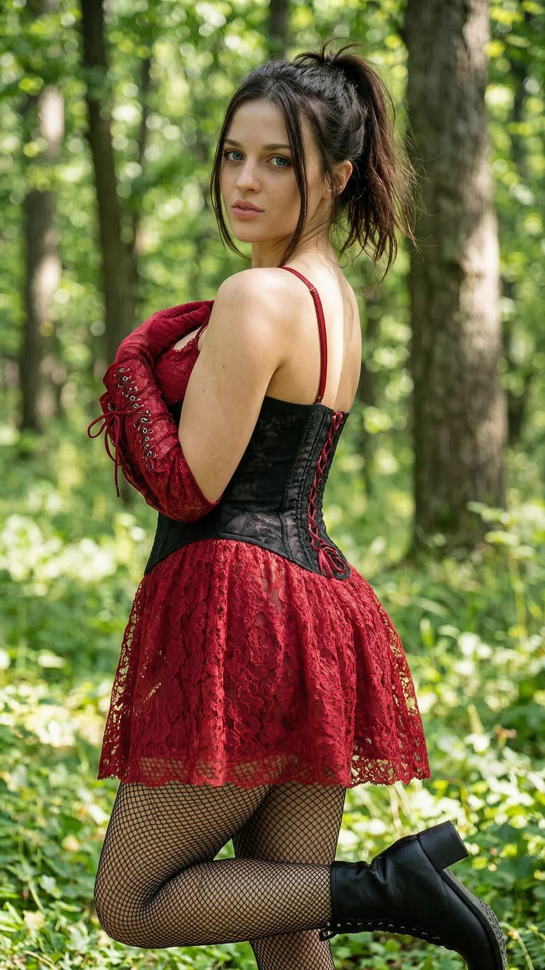 23-year-old Caucasian fit woman with straight brunette hair in messy tied-up ponytail with loose strands framing her face and piercing blue eyes, standing in a brightly lit forest clearing with dappled sunlight filtering through trees, side profile view with torso angled slightly toward camera and head turned back over shoulder in direct sultry gaze with intense eye contact and seductive lustful expression lips parted, both gloved hands lightly cupping her bare breasts exposed from the open black corset with explicit anatomical detail of nipples and soft skin texture, one leg lifted behind her with playful foot pop on the platform boot, wearing short frilly crimson lace wedding dress unlaced at the front revealing cleavage and midriff, elbow-length crimson lace-up gloves, black fishnet leggings hugging her toned legs, pale skin with sharp natural daylight highlighting bare skin curves and sheen, striking contrast between dark gothic fashion and bright forest setting, explicit anatomical detail of breast position and body tension, Flawless anatomy, no extra digits, no extra limbs, realistic skin texture, high-detail.