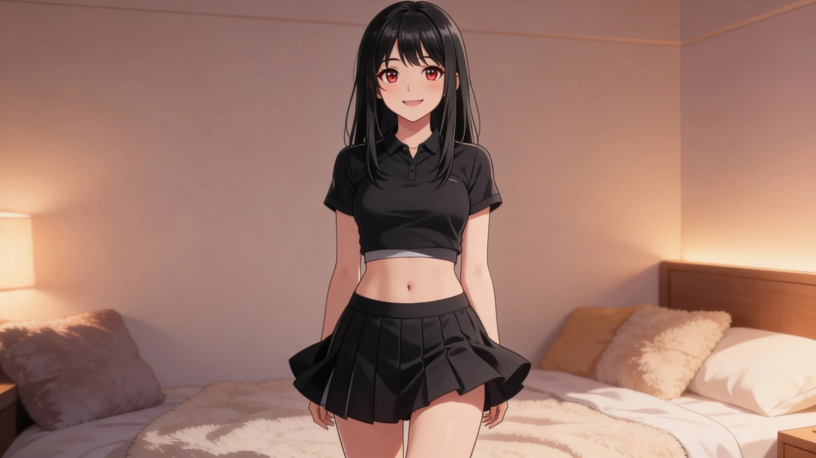 22-year-old Asian woman with straight black hair, red eyes and average body type standing confidently in a relaxed pose inside a cozy bedroom with soft warm ambient lighting and plush furnishings, wearing a short black tennis skirt with natural flowing folds and a fitted crop top shirt that reveals a sliver of midriff, full body frontal view at eye level, direct eye contact with the viewer and a bright genuine smile, light natural blush on cheeks, subtle skin sheen, anime style, high-quality illustration. Flawless anatomy, no extra digits, no extra limbs, detailed anime shading, high-quality illustration.