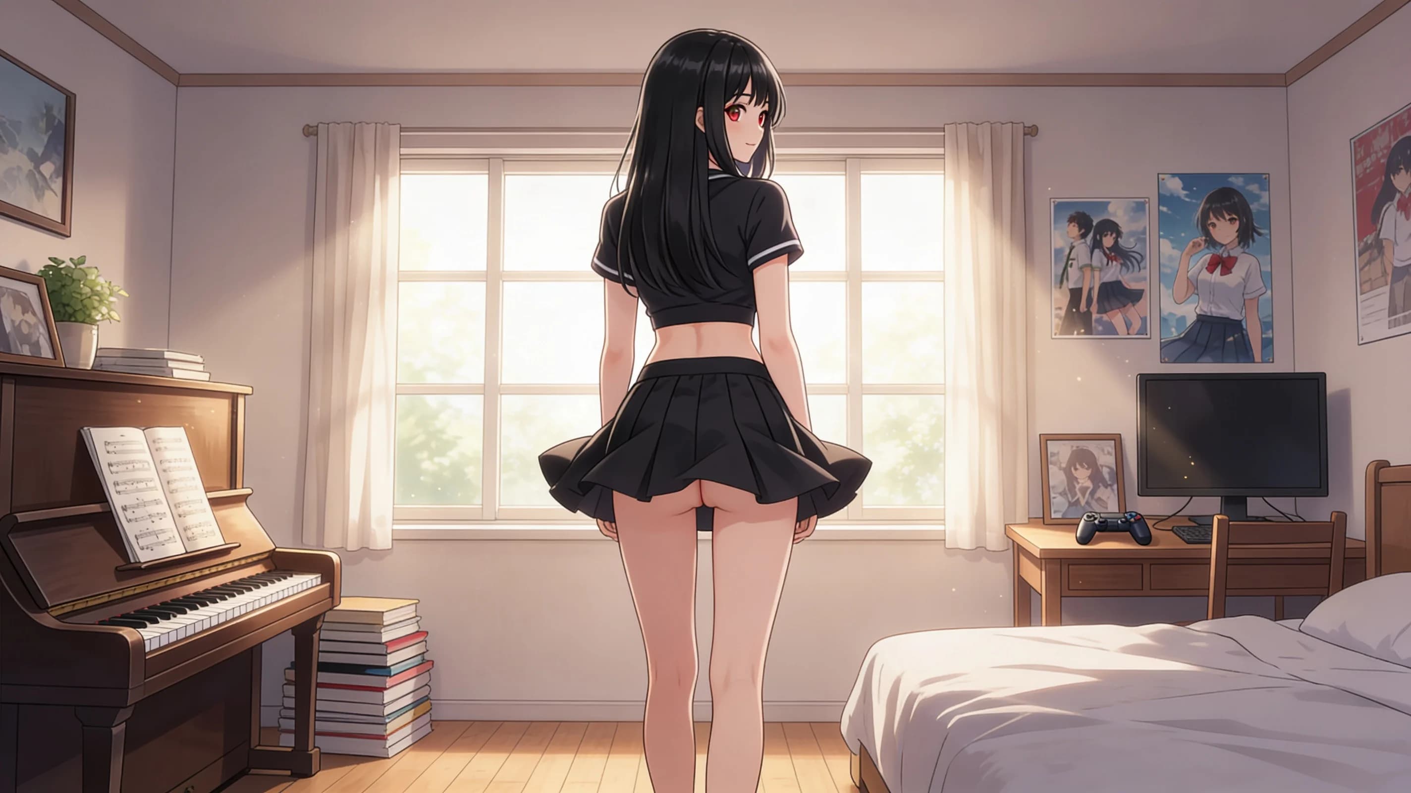 22-year-old Asian woman with straight black hair, red eyes and average body type standing confidently in a relaxed pose inside a cozy bedroom with soft warm ambient lighting and plush furnishings, wearing a short black tennis skirt with natural flowing folds and a fitted crop top shirt that reveals a sliver of midriff, full body frontal view at eye level, direct eye contact with the viewer and a bright genuine smile, light natural blush on cheeks, subtle skin sheen, anime style, high-quality illustration. Flawless anatomy, no extra digits, no extra limbs, detailed anime shading, high-quality illustration.