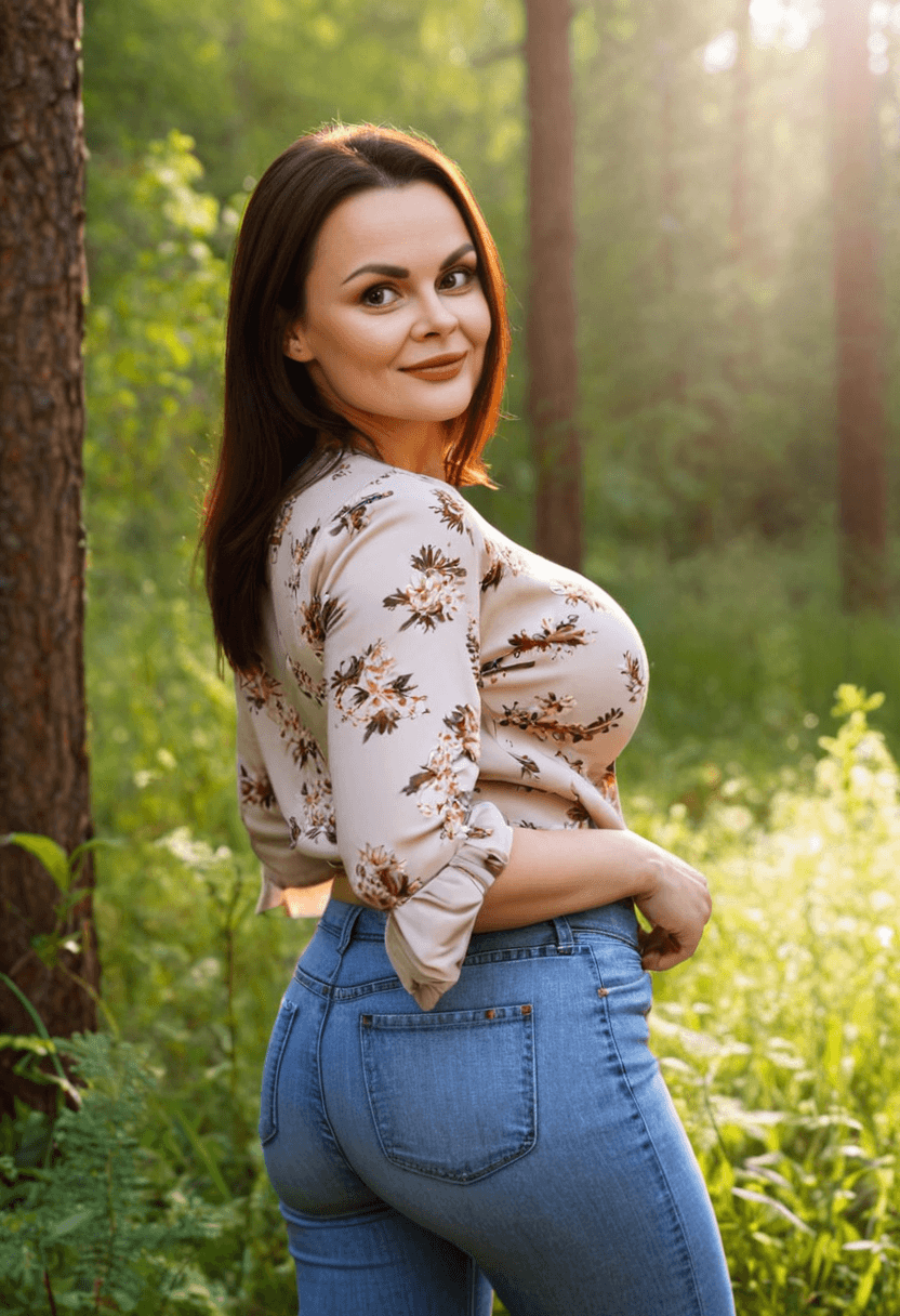 45-year-old caucasian woman, chubby body type, xxl breasts, large butt, full body view, standing in a lush green forest, realistic style, detailed skin texture, natural lighting, wearing casual outdoor clothing like a fitted blouse and jeans, serene expression, high detail, photorealistic, cyberrealistic sdxl