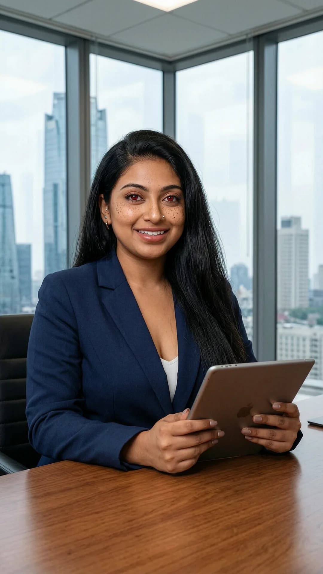 A 22-year-old Indian woman with chubby body type, long black hair, red eyes, freckles across her cheeks and cleavage, and nipple piercings, confident businesswoman in tailored navy blue power suit sitting upright at an executive desk in a modern corner office with city skyline visible through floor-to-ceiling windows, professional headshot style, warm smile, holding tablet in both hands, sophisticated makeup and styled long hair, medium close-up from eye-level front angle with direct eye contact and confident warm expression, realistic style, Flawless anatomy, no extra digits, no extra limbs, realistic skin texture, high-detail.