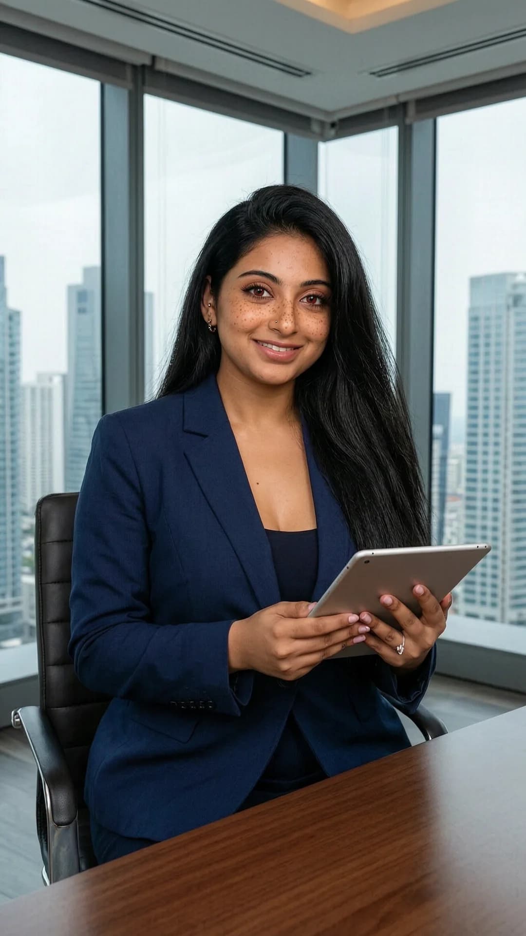 A 22-year-old Indian woman with chubby body type, long black hair, red eyes, freckles across her cheeks and cleavage, and nipple piercings, confident businesswoman in tailored navy blue power suit sitting upright at an executive desk in a modern corner office with city skyline visible through floor-to-ceiling windows, professional headshot style, warm smile, holding tablet in both hands, sophisticated makeup and styled long hair, medium close-up from eye-level front angle with direct eye contact and confident warm expression, realistic style, Flawless anatomy, no extra digits, no extra limbs, realistic skin texture, high-detail.
