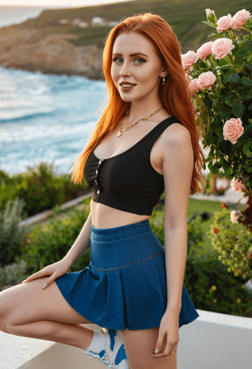 Wearing short black tennis skirt and a crop top shirt, portrait picture, looking at the viewer with a smile, wearing fitted blue jeans, wearing an elegant knee-length skirt, standing confidently, full body shot, wearing a stylish fitted jumpsuit, wearing a fashionable mini skirt, stretching gracefully, squatting position, athletic pose, working out at the gym, athletic activity, swimming in clear blue water, wearing beautiful earrings, wearing an elegant necklace, wearing a stylish scarf, wearing trendy sunglasses, wearing a fashionable hat, in a beautiful garden with flowers, on a sunny beach with ocean waves, in a cozy bedroom setting, at a modern fitness gym, at an upscale restaurant