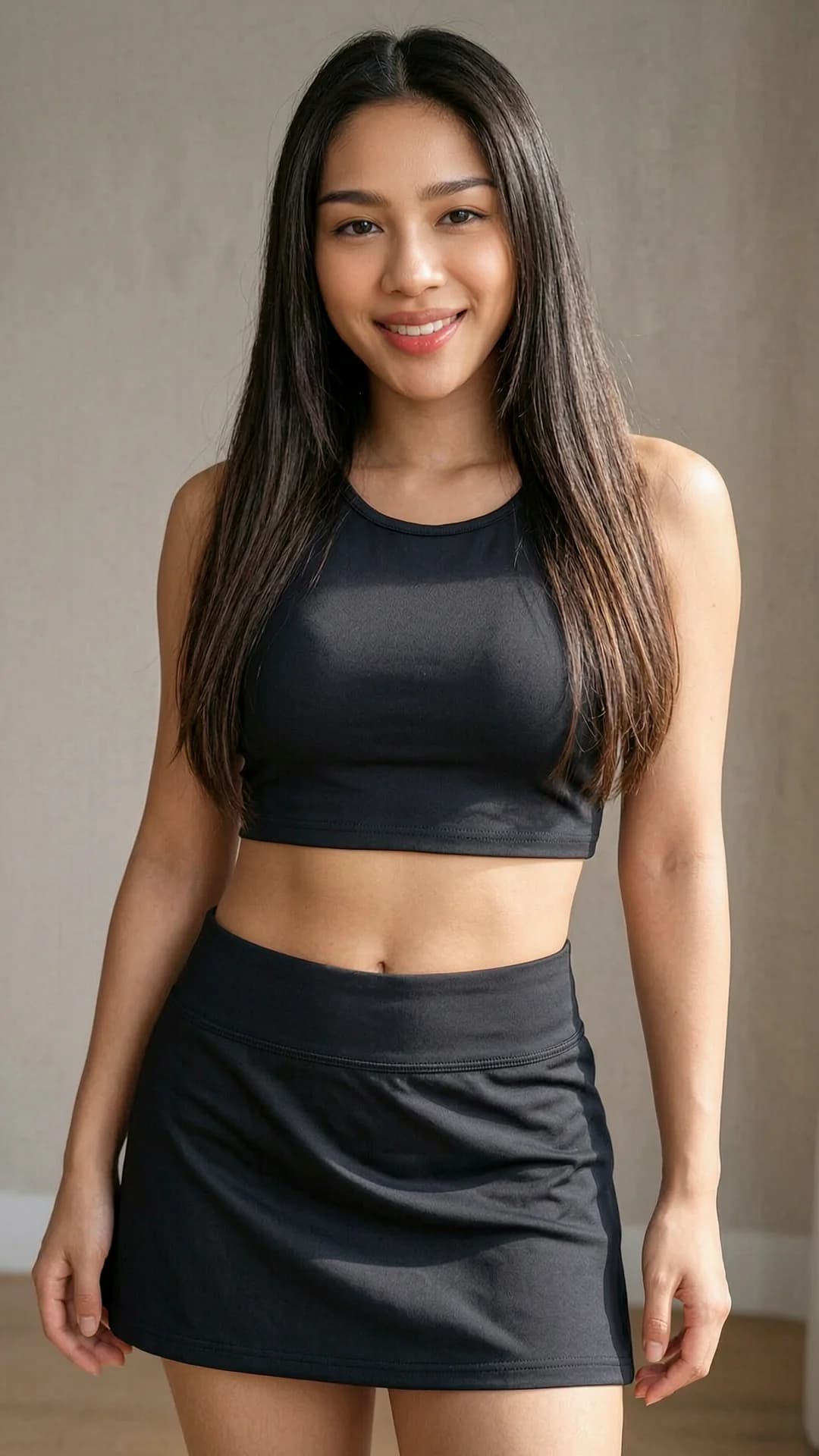 24-year-old Asian woman with fit body type, long brunette hair, and brown eyes wearing a short black tennis skirt and crop top shirt, close-up portrait from direct eye-level angle with upper body centered in frame, standing in relaxed pose with shoulders slightly angled toward viewer, direct eye contact with warm genuine smile and soft parted lips, bright natural daylight lighting highlighting smooth skin texture and fabric details of the outfit, simple neutral indoor background with soft shadows, Flawless anatomy, no extra digits, no extra limbs, realistic skin texture, high-detail.