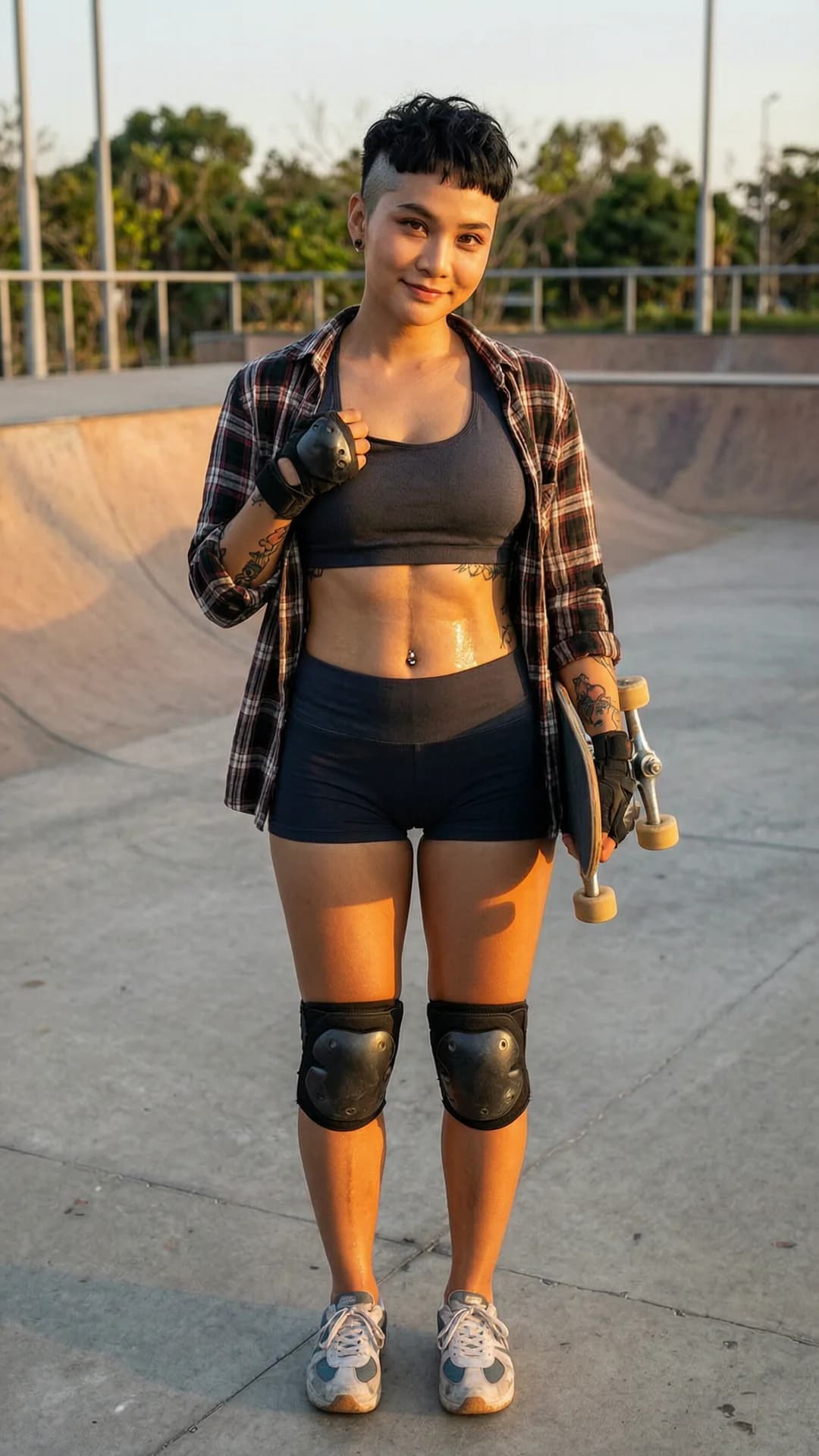 24-year-old Thai woman with burnt caramel skin tone, black short pixie haircut shaved on the sides and layered messy on top with undercut, brown eyes, thin willowy athletic build, very beautiful symmetrical face with high cheekbones, big soulful eyes and full lips, visible tattoos and belly piercings, standing in a skate park pulling up her sports bra to reveal her huge perky round breasts with explicit visible nipples and areolas, unbuttoned long sleeve plaid shirt open at the sides, very short yoga pants hugging her plump athletic ass, knee and elbow pads, sneakers, holding a skateboard in one hand, very visible abs on her glistening flawless athletic skin, full body shot from slightly low angle using 85mm lens in evening golden hour light, flirtatious seductive smile with direct eye contact toward viewer, nsfw, explicit anatomical detail of exposed breasts and toned body tension, she is a beautiful tomboy and has visible six pack abs, this is a nsfw image showing her naked breasts, body physics with perky breasts lifted and nipples hardened from tension, sweat-sheened skin highlighting muscle definition and athletic curves, Flawless anatomy, no extra digits, no extra limbs, realistic skin texture, high-detail.