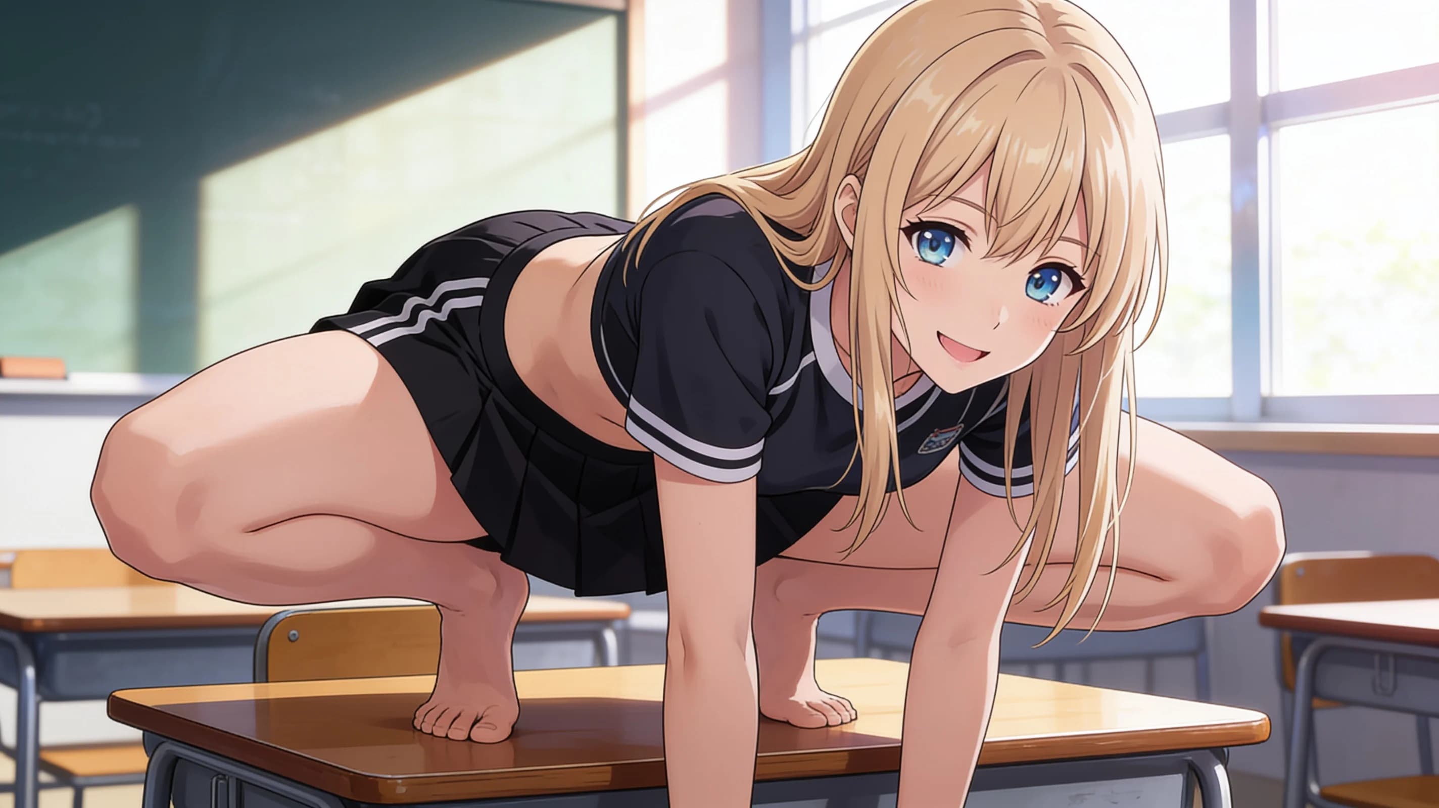 21-year-old Asian woman with skinny body, straight blonde hair, blue eyes, wearing short black tennis skirt and crop top shirt, squatting in athletic pose on a classroom desk with knees spread and torso leaned forward, portrait picture medium close-up from front angle, looking at the viewer with a smile and direct eye contact showing cheerful playful expression, vibrant classroom lighting with natural window highlights, clothing with natural folds, anime style, high-quality illustration, Flawless anatomy, no extra digits, no extra limbs, detailed anime shading, high-quality illustration.
