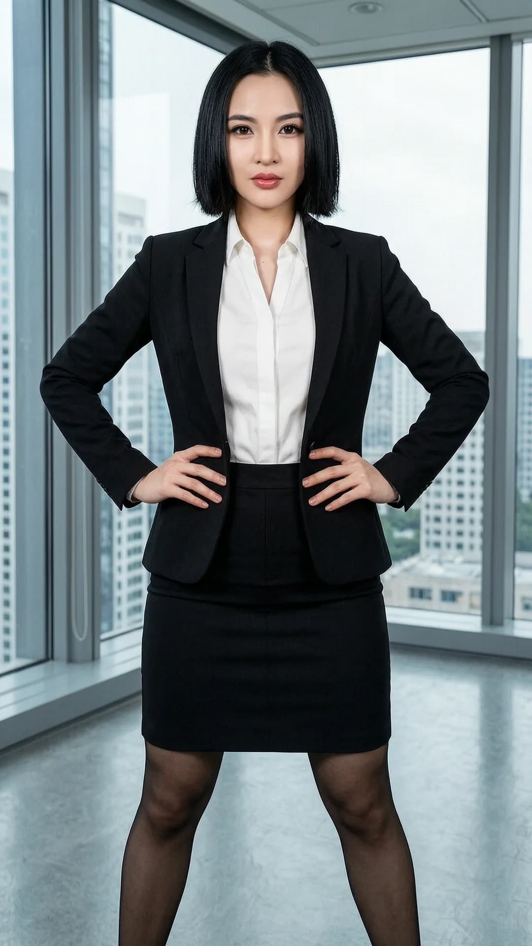 A 24-year-old Asian woman with short black hair, brown eyes, and a muscular body type, wearing a professional business woman outfit consisting of a fitted black blazer over a crisp white blouse, a tight knee-length black dress skirt, and sheer black pantyhose, standing confidently in a modern high-rise office with large windows overlooking a city skyline, hands resting on her hips to accentuate her toned physique, legs slightly apart in a powerful stance, medium full-body shot from a direct frontal eye-level camera angle with intense direct eye contact toward the viewer conveying professional authority and subtle determination, lips closed in a firm expression, sharp office lighting casting clean highlights on her clothing and skin, realistic style, Flawless anatomy, no extra digits, no extra limbs, realistic skin texture, high-detail.