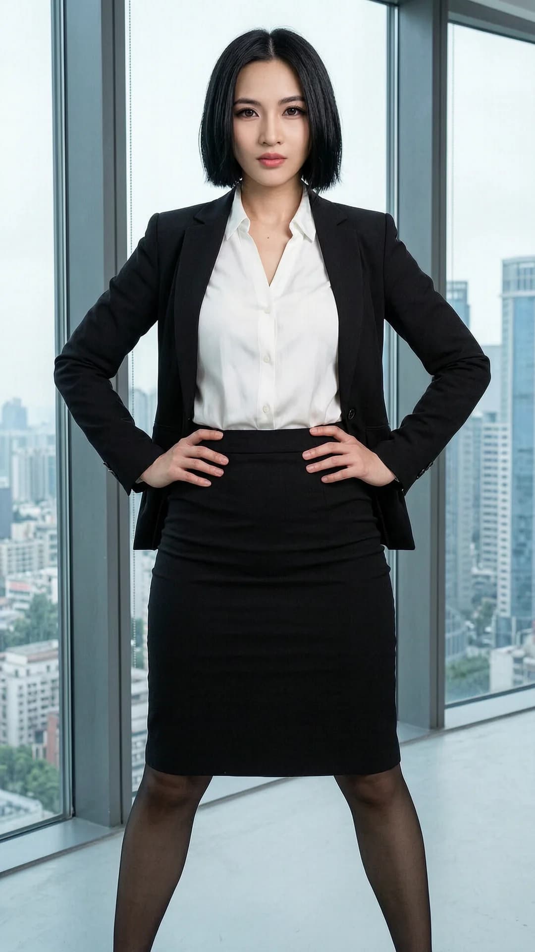 A 24-year-old Asian woman with short black hair, brown eyes, and a muscular body type, wearing a professional business woman outfit consisting of a fitted black blazer over a crisp white blouse, a tight knee-length black dress skirt, and sheer black pantyhose, standing confidently in a modern high-rise office with large windows overlooking a city skyline, hands resting on her hips to accentuate her toned physique, legs slightly apart in a powerful stance, medium full-body shot from a direct frontal eye-level camera angle with intense direct eye contact toward the viewer conveying professional authority and subtle determination, lips closed in a firm expression, sharp office lighting casting clean highlights on her clothing and skin, realistic style, Flawless anatomy, no extra digits, no extra limbs, realistic skin texture, high-detail.