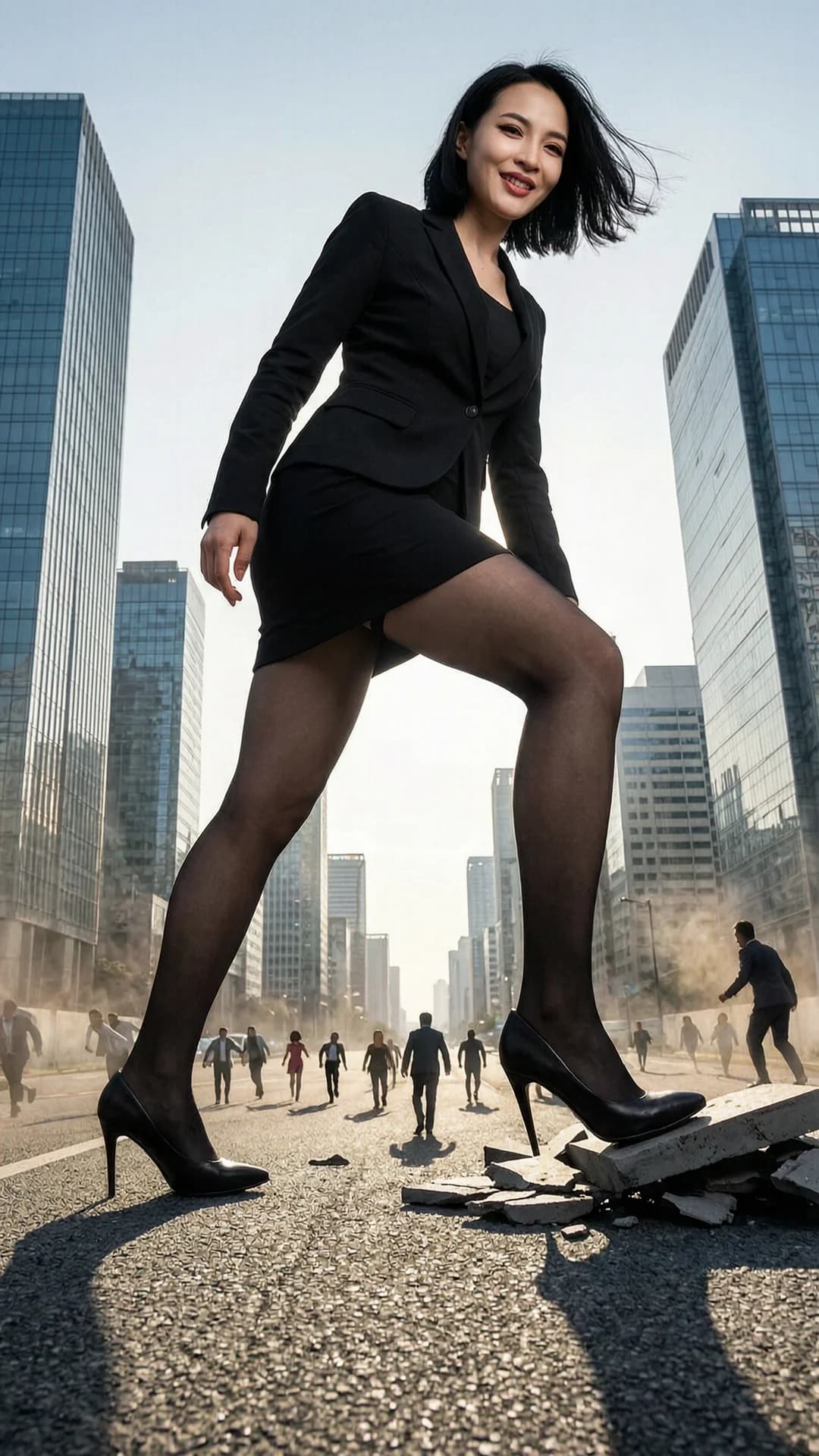 A 24-year-old Asian woman with a muscular body, short black hair and piercing brown eyes, dressed in a sharp black blazer, form-fitting dress skirt and sheer black pantyhose, portrayed as an evil giantess towering over a modern city skyline while crushing tiny fleeing people beneath her massive feet, one high-heeled foot raised mid-crush with visible tension in her muscular calves and the other planted on shattered pavement, dominant wide stance, looking down with intense downward eye contact and evil laughter, mouth open in a cruel wide grin, short black hair slightly windblown, sheer black pantyhose stretched taut over powerful thighs, dramatic cinematic lighting with harsh sunlight casting long ominous shadows across the chaotic cityscape below, strict low-angle POV from street level looking up at her immense form, realistic style. Flawless anatomy, no extra digits, no extra limbs, realistic skin texture, high-detail.