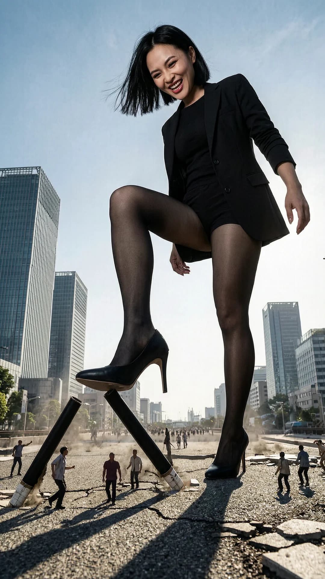 A 24-year-old Asian woman with short black hair, brown eyes and a muscular body type portrayed as an evil giantess towering over a modern city skyline while crushing tiny fleeing people beneath her massive feet like cigarettes, one high-heeled foot raised mid-crush with visible tension in her muscular calves and the other planted on shattered pavement in a dominant wide stance, sheer black pantyhose stretched taut over powerful thighs, looking down with intense downward eye contact and evil laughter, mouth open in a cruel wide grin, short black hair slightly windblown, dramatic cinematic lighting with harsh sunlight casting long ominous shadows across the chaotic cityscape below, strict low-angle POV from street level looking up at her immense form, realistic style. Flawless anatomy, no extra digits, no extra limbs, realistic skin texture, high-detail.