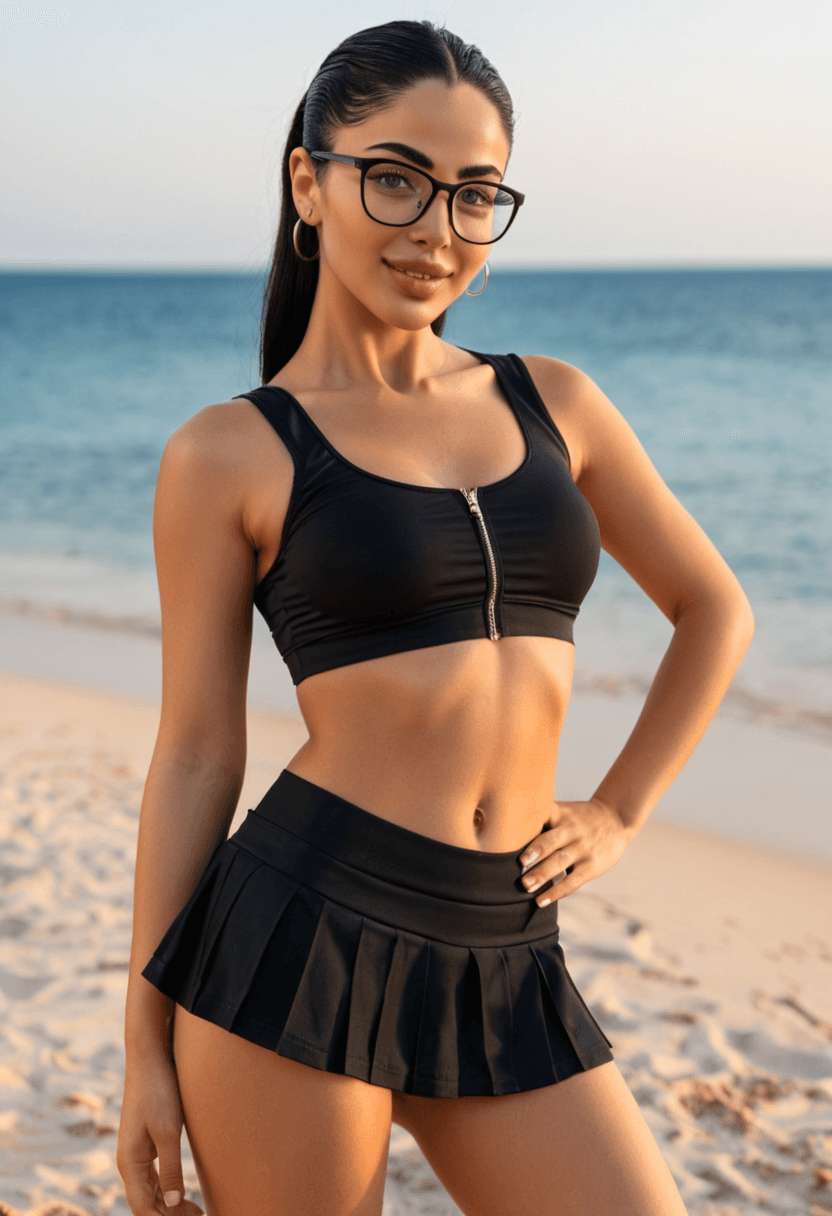 Wearing short black tennis skirt and a crop top shirt, portrait picture, looking at the viewer with a smile, wearing a stylish bikini on the beach