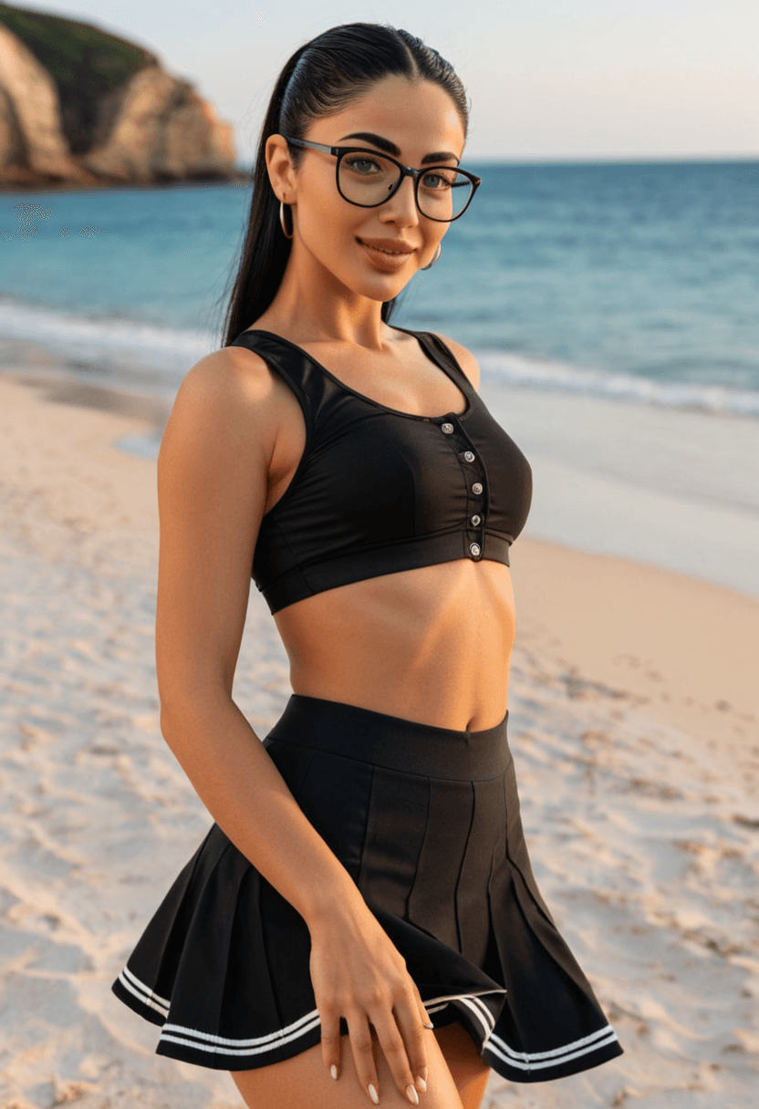 Wearing short black tennis skirt and a crop top shirt, portrait picture, looking at the viewer with a smile, wearing a stylish bikini on the beach
