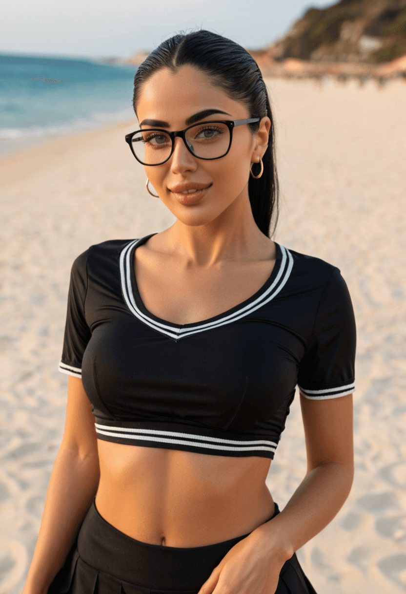 Wearing short black tennis skirt and a crop top shirt, portrait picture, looking at the viewer with a smile, wearing a stylish bikini on the beach