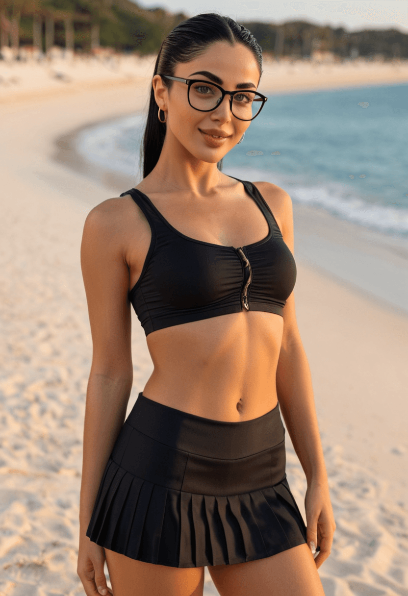 Wearing short black tennis skirt and a crop top shirt, portrait picture, looking at the viewer with a smile, wearing a stylish bikini on the beach