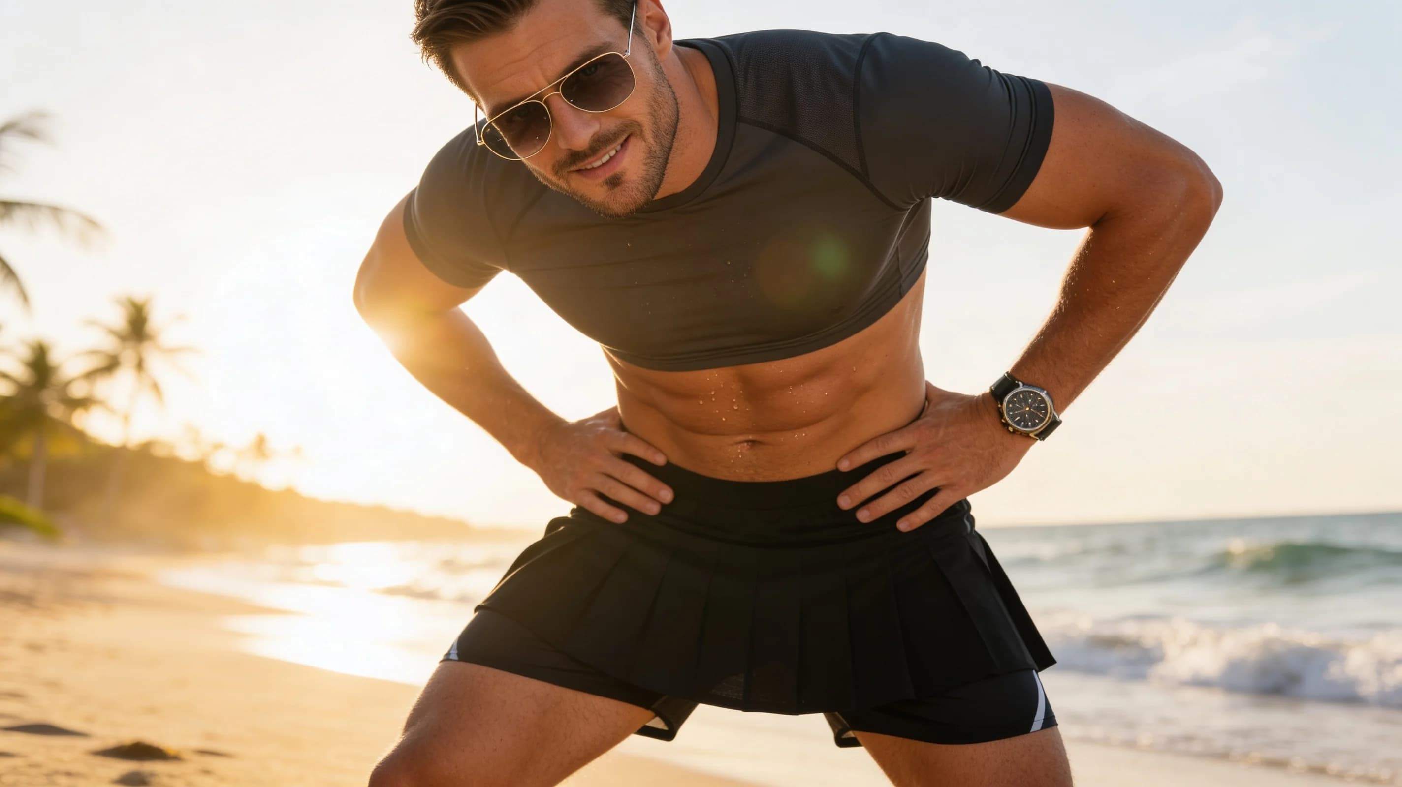 32-year-old Caucasian man with short brown hair, hazel eyes, fit athletic body, realistic style, standing confidently on a sunlit beach in sporty beach-ready attire featuring a short black tennis skirt over stylish swim shorts, tight compression crop top shirt hugging his toned torso, designer sunglasses perched on his nose, stylish watch on his wrist, medium close-up portrait from a slight low angle eye-level POV directly facing the viewer, body positioned with hands on hips accentuating his muscular shoulders and abs, subtle sheen of sweat on tanned skin from the heat, relaxed athletic pose with chest puffed out and legs slightly apart, bright natural beach lighting with golden hour sunlight casting soft shadows and lens flare, ocean waves and palm trees softly blurred in the background, smiling warmly at the viewer with direct intense eye contact conveying playful confidence and beach vibe, detailed fabric textures on clothing clinging to his physique, realistic muscle definition and body tension, flawless anatomy, no extra digits, no extra limbs, realistic skin texture, high-detail.