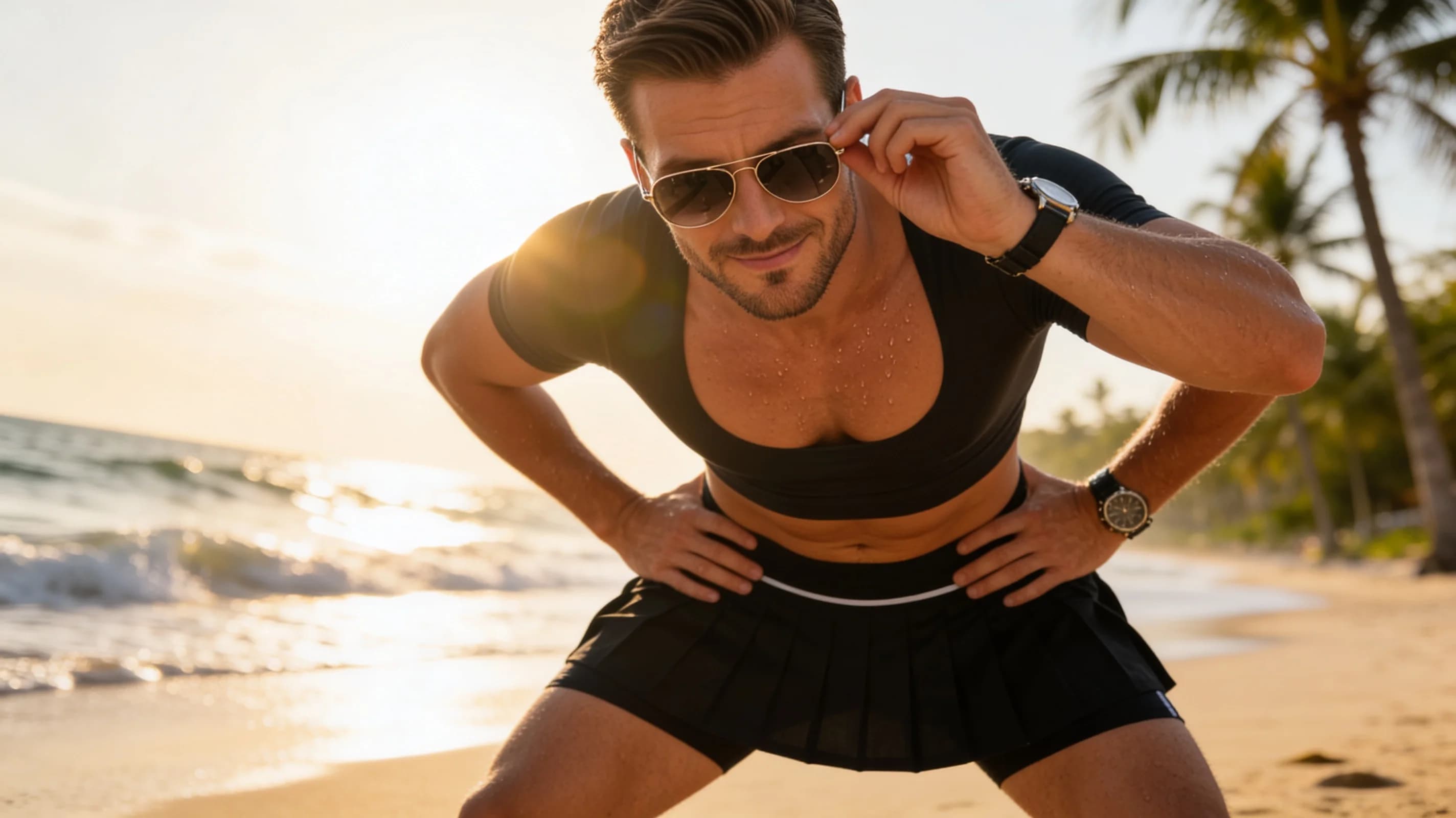 32-year-old Caucasian man with short brown hair, hazel eyes, fit athletic body, realistic style, standing confidently on a sunlit beach in sporty beach-ready attire featuring a short black tennis skirt over stylish swim shorts, tight compression crop top shirt hugging his toned torso, designer sunglasses perched on his nose, stylish watch on his wrist, medium close-up portrait from a slight low angle eye-level POV directly facing the viewer, body positioned with hands on hips accentuating his muscular shoulders and abs, subtle sheen of sweat on tanned skin from the heat, relaxed athletic pose with chest puffed out and legs slightly apart, bright natural beach lighting with golden hour sunlight casting soft shadows and lens flare, ocean waves and palm trees softly blurred in the background, smiling warmly at the viewer with direct intense eye contact conveying playful confidence and beach vibe, detailed fabric textures on clothing clinging to his physique, realistic muscle definition and body tension, flawless anatomy, no extra digits, no extra limbs, realistic skin texture, high-detail.