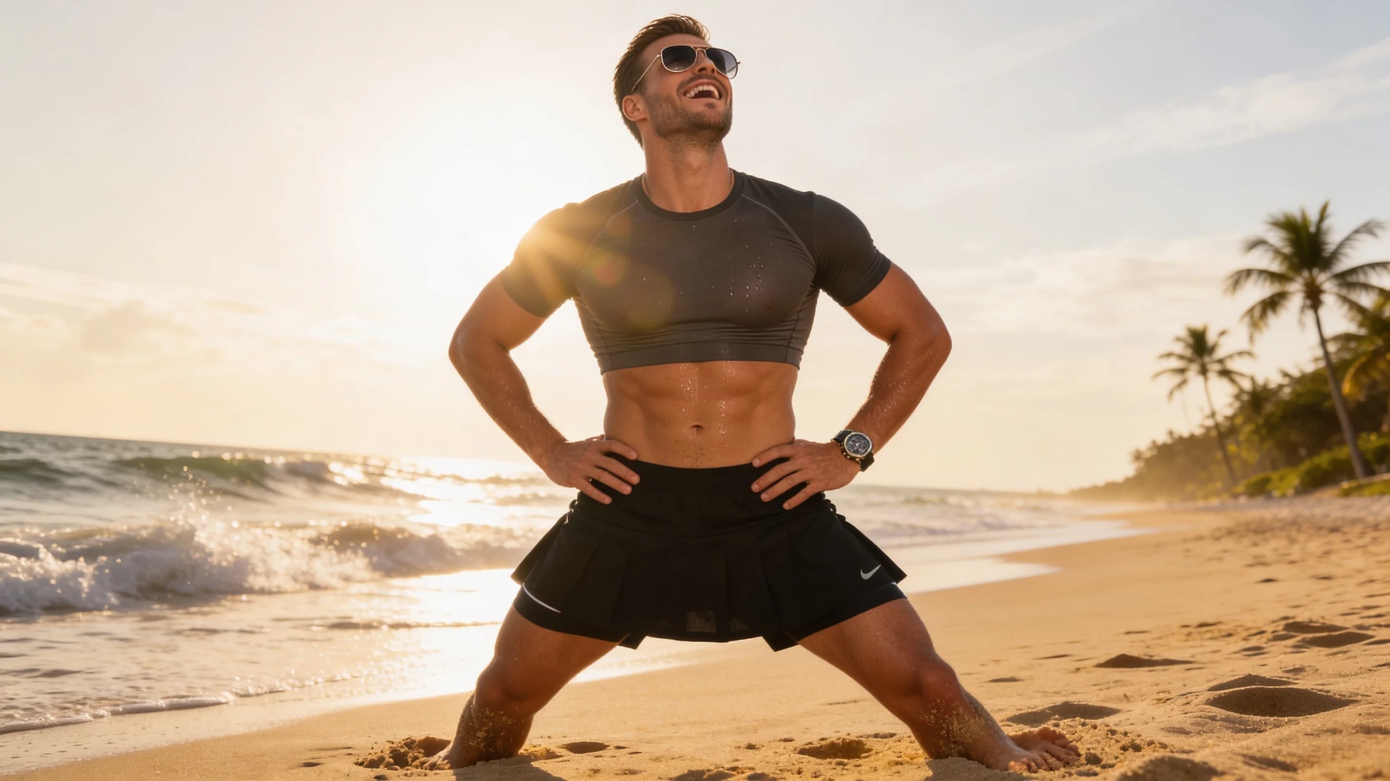 32-year-old Caucasian man with short brown hair, hazel eyes, fit athletic body, realistic style, standing confidently on a sunlit beach in sporty beach-ready attire featuring a short black tennis skirt over stylish swim shorts, tight compression crop top shirt hugging his toned torso, designer sunglasses perched on his nose, stylish watch on his wrist, medium close-up portrait from a slight low angle eye-level POV directly facing the viewer, body positioned with hands on hips accentuating his muscular shoulders and abs, subtle sheen of sweat on tanned skin from the heat, relaxed athletic pose with chest puffed out and legs slightly apart, bright natural beach lighting with golden hour sunlight casting soft shadows and lens flare, ocean waves and palm trees softly blurred in the background, smiling warmly at the viewer with direct intense eye contact conveying playful confidence and beach vibe, detailed fabric textures on clothing clinging to his physique, realistic muscle definition and body tension, flawless anatomy, no extra digits, no extra limbs, realistic skin texture, high-detail.