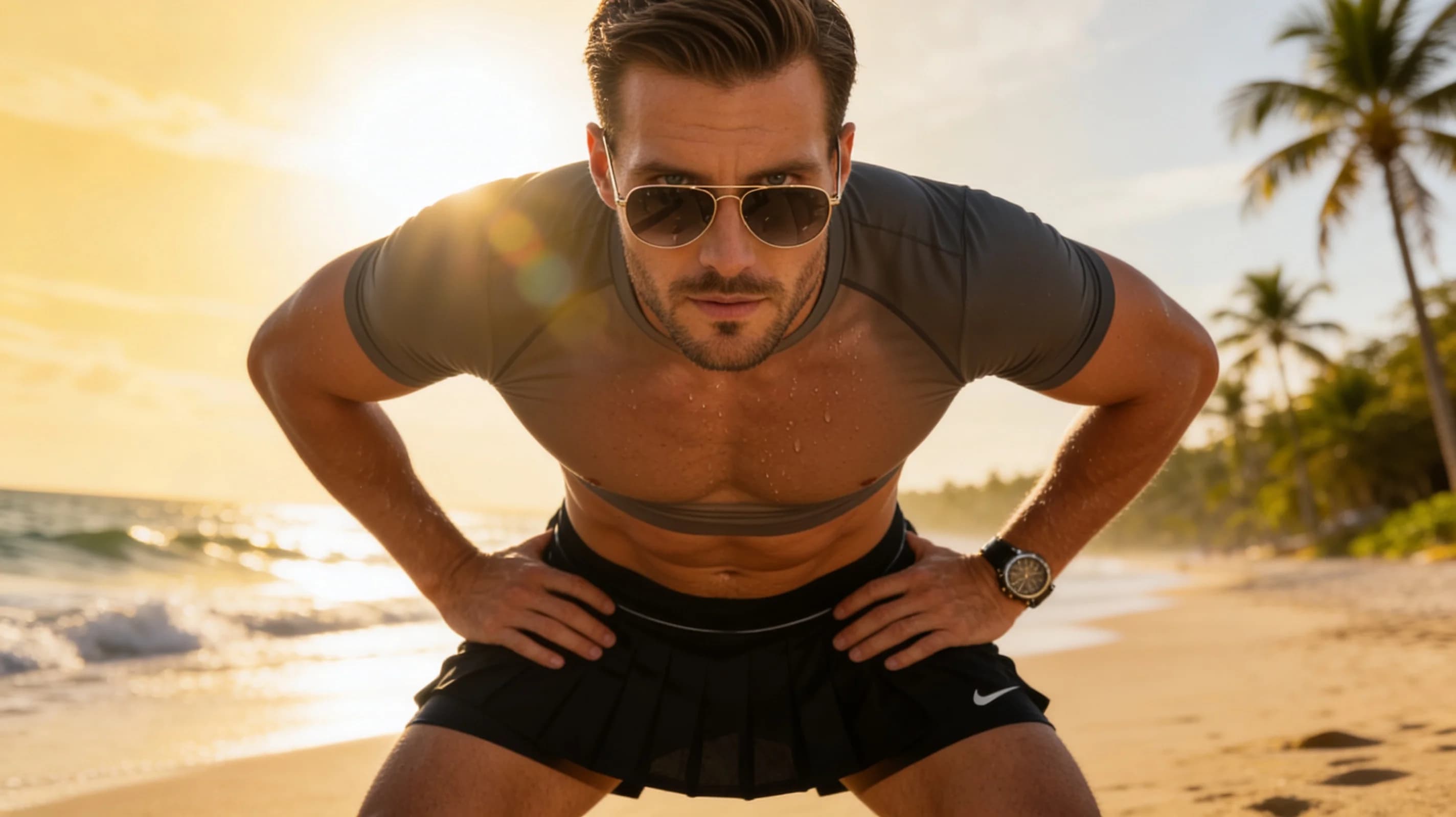 32-year-old Caucasian man with short brown hair, hazel eyes, fit athletic body, realistic style, standing confidently on a sunlit beach in sporty beach-ready attire featuring a short black tennis skirt over stylish swim shorts, tight compression crop top shirt hugging his toned torso, designer sunglasses perched on his nose, stylish watch on his wrist, medium close-up portrait from a slight low angle eye-level POV directly facing the viewer, body positioned with hands on hips accentuating his muscular shoulders and abs, subtle sheen of sweat on tanned skin from the heat, relaxed athletic pose with chest puffed out and legs slightly apart, bright natural beach lighting with golden hour sunlight casting soft shadows and lens flare, ocean waves and palm trees softly blurred in the background, smiling warmly at the viewer with direct intense eye contact conveying playful confidence and beach vibe, detailed fabric textures on clothing clinging to his physique, realistic muscle definition and body tension, flawless anatomy, no extra digits, no extra limbs, realistic skin texture, high-detail.