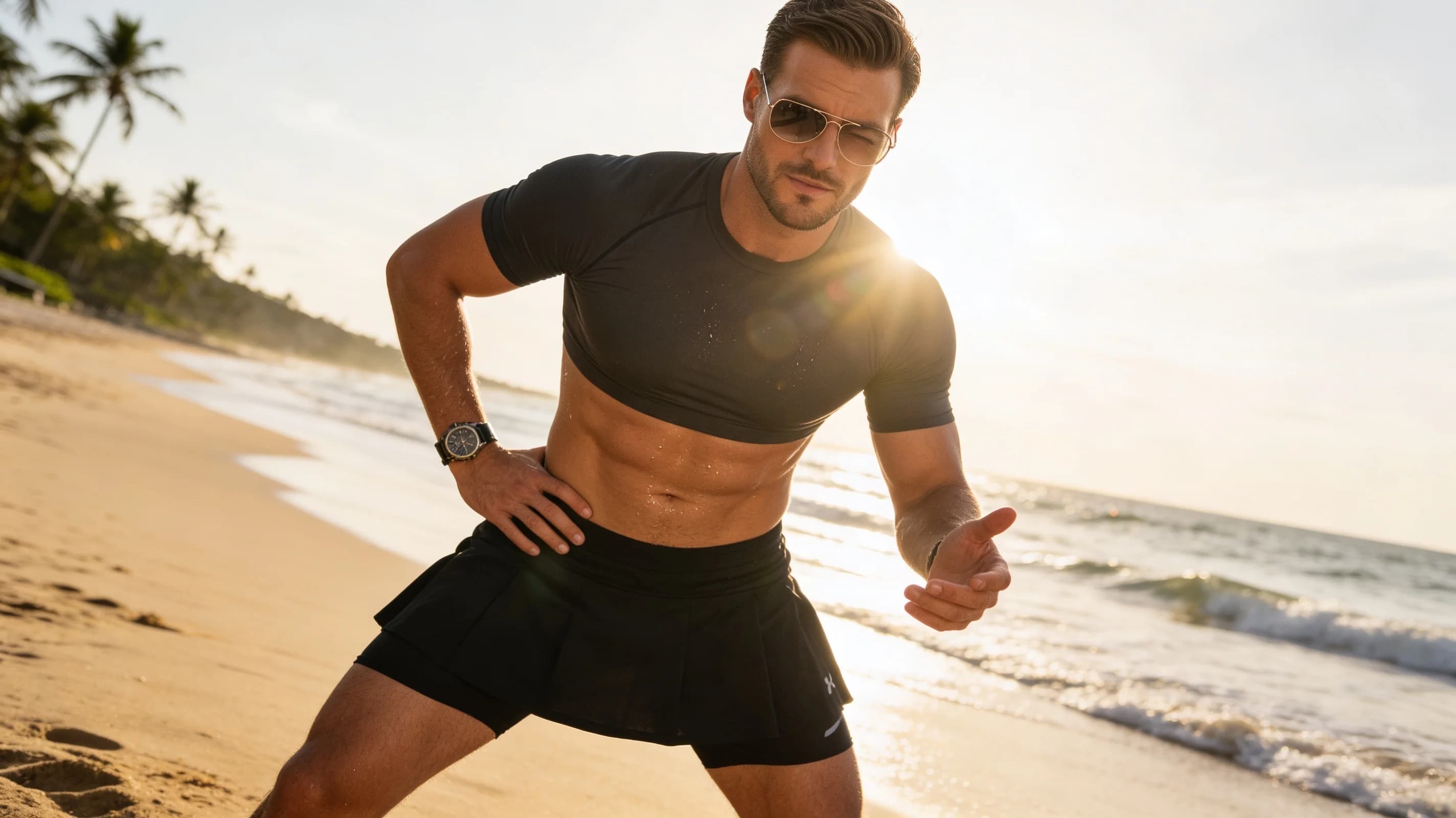 32-year-old Caucasian man with short brown hair, hazel eyes, fit athletic body, realistic style, standing confidently on a sunlit beach in sporty beach-ready attire featuring a short black tennis skirt over stylish swim shorts, tight compression crop top shirt hugging his toned torso, designer sunglasses perched on his nose, stylish watch on his wrist, medium close-up portrait from a slight low angle eye-level POV directly facing the viewer, body positioned with hands on hips accentuating his muscular shoulders and abs, subtle sheen of sweat on tanned skin from the heat, relaxed athletic pose with chest puffed out and legs slightly apart, bright natural beach lighting with golden hour sunlight casting soft shadows and lens flare, ocean waves and palm trees softly blurred in the background, smiling warmly at the viewer with direct intense eye contact conveying playful confidence and beach vibe, detailed fabric textures on clothing clinging to his physique, realistic muscle definition and body tension, flawless anatomy, no extra digits, no extra limbs, realistic skin texture, high-detail.