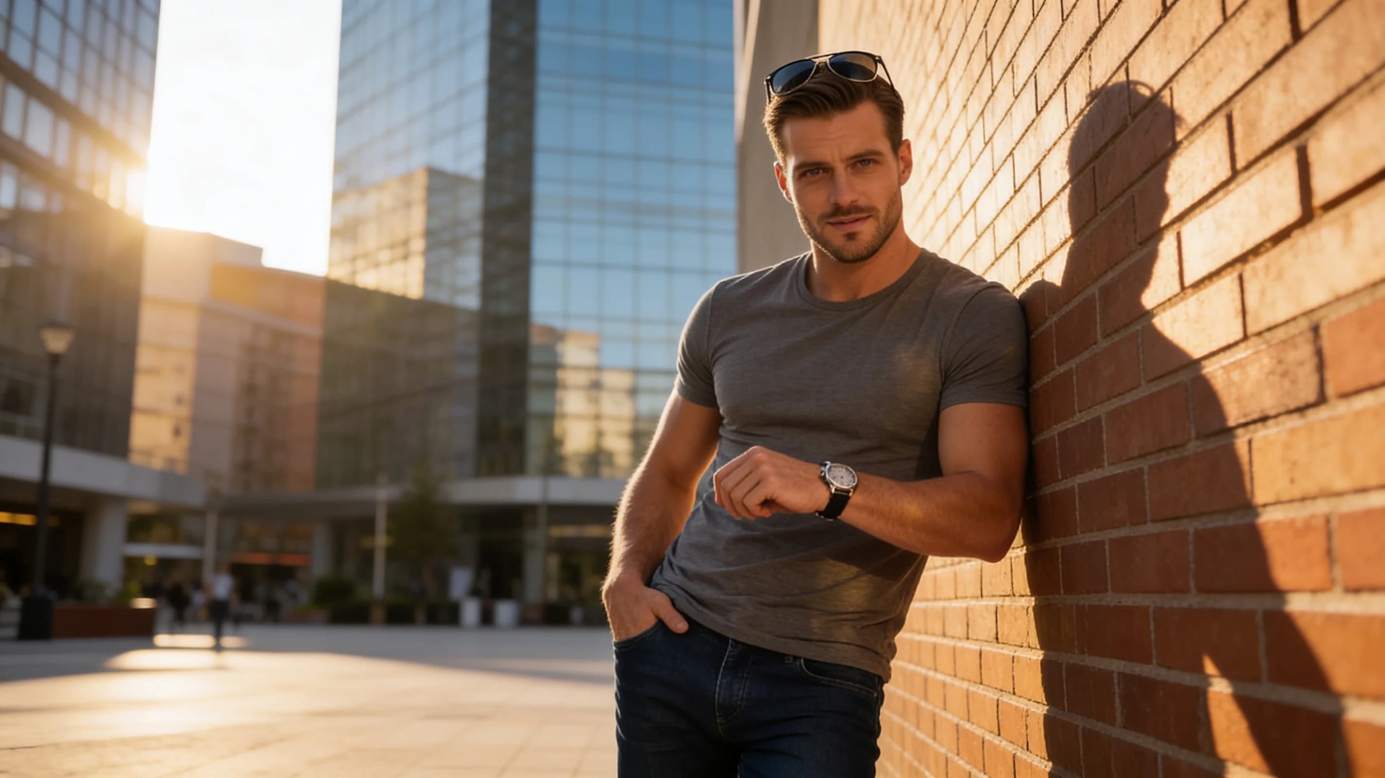 A 32-year-old Caucasian man with short brown hair, fit athletic build, and hazel eyes stands in a relaxed casual pose leaning against a sunlit brick wall in a modern urban plaza at golden hour, wearing fitted dark blue jeans that hug his muscular legs and a stylish fitted gray t-shirt that accentuates his broad shoulders and trim waist, accessorized with designer sunglasses perched atop his head and a sleek stylish watch on his left wrist, body angled slightly toward the viewer with one hand resting in his pocket and the other lightly touching the watch, natural daylight casting warm highlights across his skin and clothing, medium full-body shot from a slight low angle, direct eye contact with a confident relaxed smile and parted lips conveying approachable charm, Flawless anatomy, no extra digits, no extra limbs, realistic skin texture, high-detail.