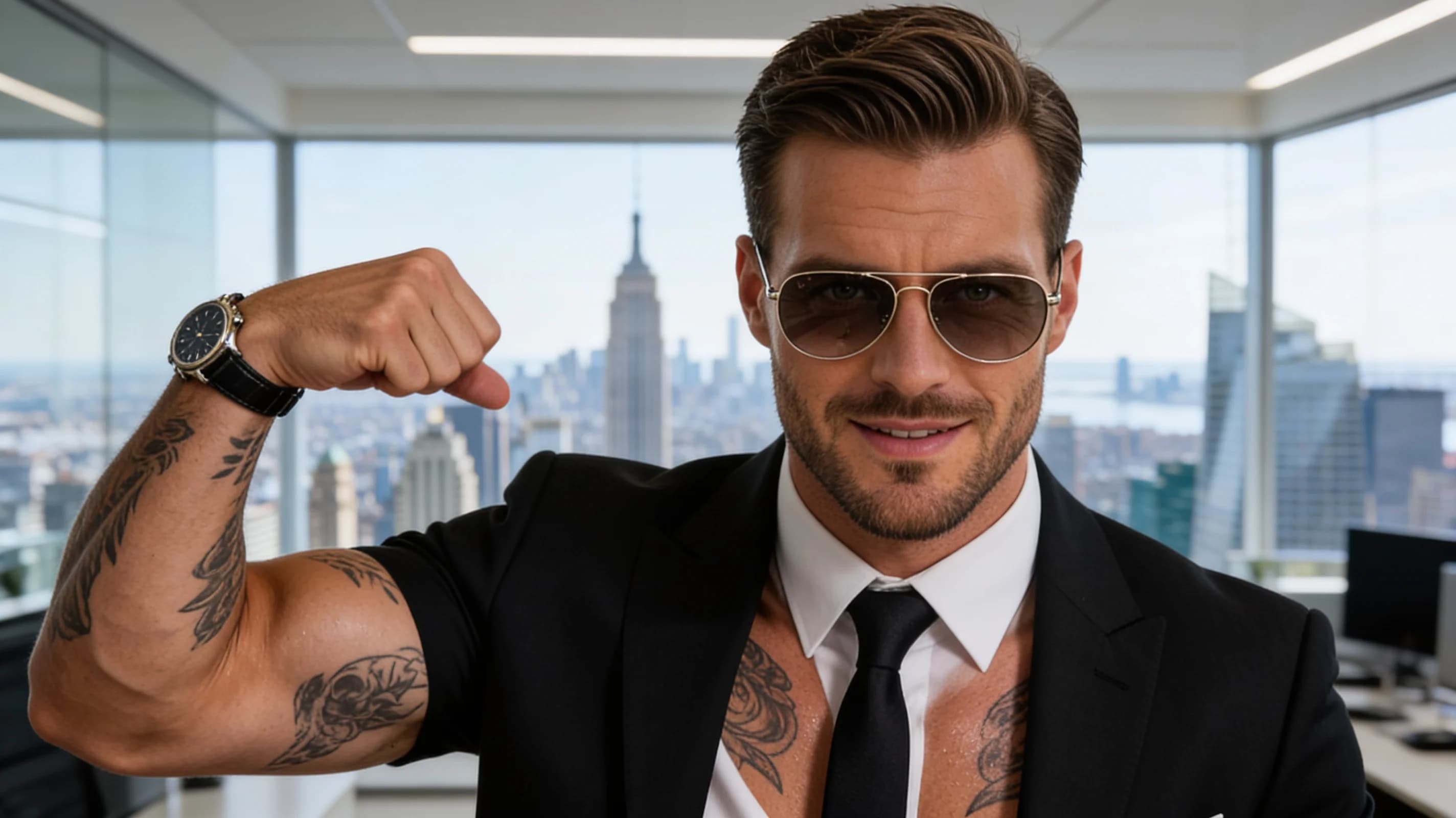 32-year-old Caucasian man with fit athletic body type, short brown hair, hazel eyes, visible tattoos on arms and chest, wearing designer sunglasses and stylish watch, captured in a medium close-up portrait from direct eye-level angle inside a sleek corporate office with panoramic city view, wearing a tailored black business suit with crisp white shirt and tie, standing confidently in professional interaction while conducting a business meeting, mid-pose with subtle muscle flex to highlight athletic physique and body tension, direct intense eye contact with the viewer showing confident professional charm and warm smile, lips slightly parted, skin with natural sheen under bright office lighting, flawless anatomy, no extra digits, no extra limbs, realistic skin texture, high-detail.