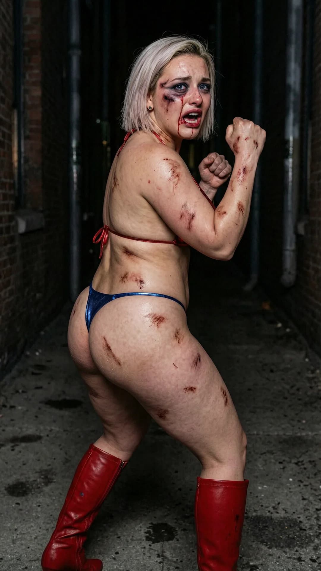 A realistic full body rear view shot of a 21-year-old Caucasian woman with short blonde hair, blue eyes, and a chubby body type, wearing a tiny metallic red string bikini top, a tiny metallic blue G-string that shows her entire butt, and red high-heeled boots, standing in a fighting stance with fists clenched in a dark alley, her chubby body tense with visible scrapes and bruises covering her skin, black eye, cut and bruised cheek, blood running from her nose and the corner of her mouth, glancing back over her shoulder with intense terrified eye contact, tears streaming down her face, mouth wide open screaming in extreme fear, sweat-sheened skin glistening under dim alley lighting, nsfw, Flawless anatomy, no extra digits, no extra limbs, realistic skin texture, high-detail.