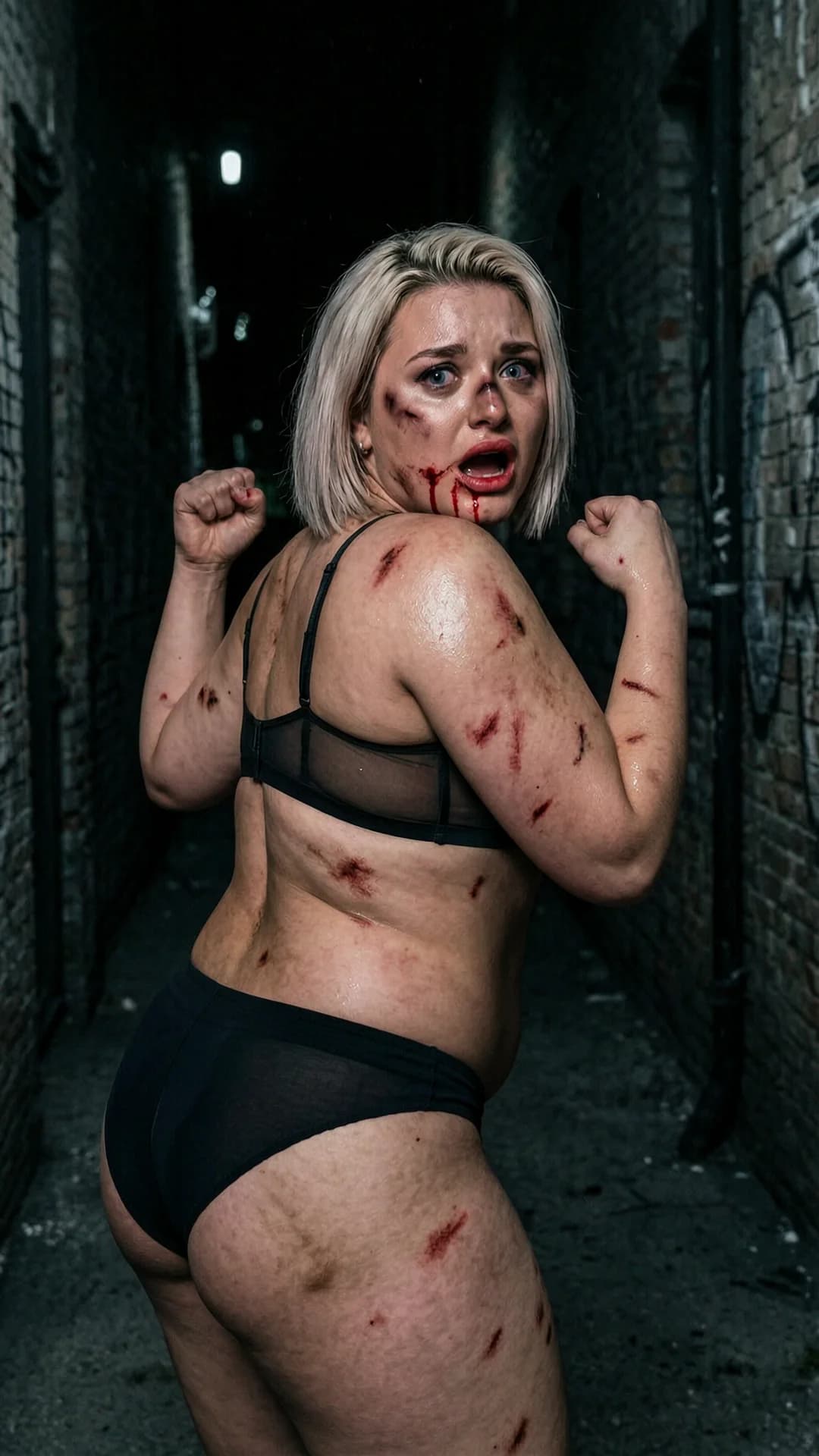 21-year-old Caucasian woman with short blonde hair, blue eyes and chubby body type, wearing sheer bra and panties, standing in a fighting stance with fists clenched in a dark alley at night, full body rear view shot from behind while glancing back over her shoulder with intense terrified eye contact, blue eyes wide and streaming with tears, mouth open screaming in fear, black eye, cut and bruised cheek, blood running from her nose and the corner of her mouth, scrapes and bruises covering her body, body tense with fear, skin glistening with sweat and blood, realistic style, Flawless anatomy, no extra digits, no extra limbs, realistic skin texture, high-detail.