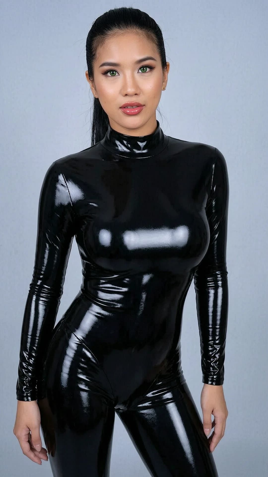 A 25-year-old Asian woman with black hair in a tight ponytail, striking green eyes, fit toned body with exaggerated bimbo proportions from hormone treatments and surgeries including massive enhanced breasts and plump lips, brainwashed and bimbofied expression, wearing tight glossy black latex fetish clothing that clings to every curve, standing in a seductive pose with hips cocked and chest thrust forward, medium close-up from front angle with intense direct eye contact showing vacant brainwashed lust and parted glossy lips, shiny latex reflecting soft ambient lighting, skin with subtle sheen, flawless anatomy, no extra digits, no extra limbs, realistic skin texture, high-detail.