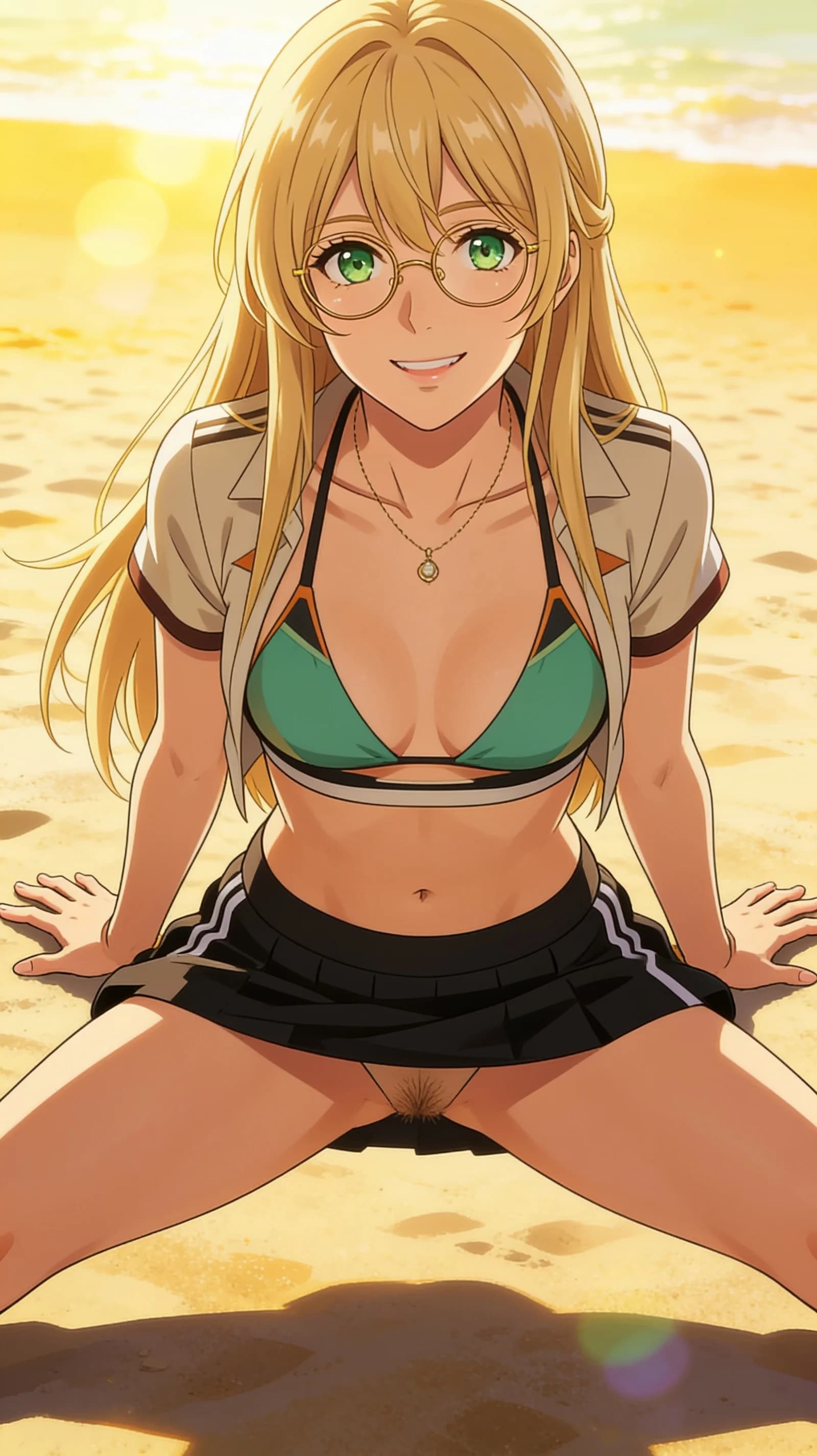 anime style, 2D cel-shaded anime illustration, anime key visual, flat cel shading, clean bold line art, vibrant saturated colors, large detailed expressive anime eyes with crisp catchlights, flat 2D rendering, not photorealistic, not 3D render, 24-year-old Caucasian woman with straight blonde hair, green eyes, fit athletic body, wearing glasses, sitting on a sunny beach stretching gracefully with legs slightly parted in an athletic workout pose, wearing a stylish skimpy bikini top under a cropped shirt and short black tennis skirt hiked up exposing visible pubic hair, elegant necklace, nsfw, direct eye contact with the viewer and a warm smile, joyful playful expression, bright golden-hour sunlight with soft rim lighting and lens flare highlights, medium close-up waist-up vertical 9:16 portrait from front angle, detailed anime cel shading, crisp clean linework, correct anatomy, hands cleanly drawn with five fingers, studio-quality anime key visual; avoid: photorealistic, 3D render, extra fingers, deformed hands, blurry, low detail.