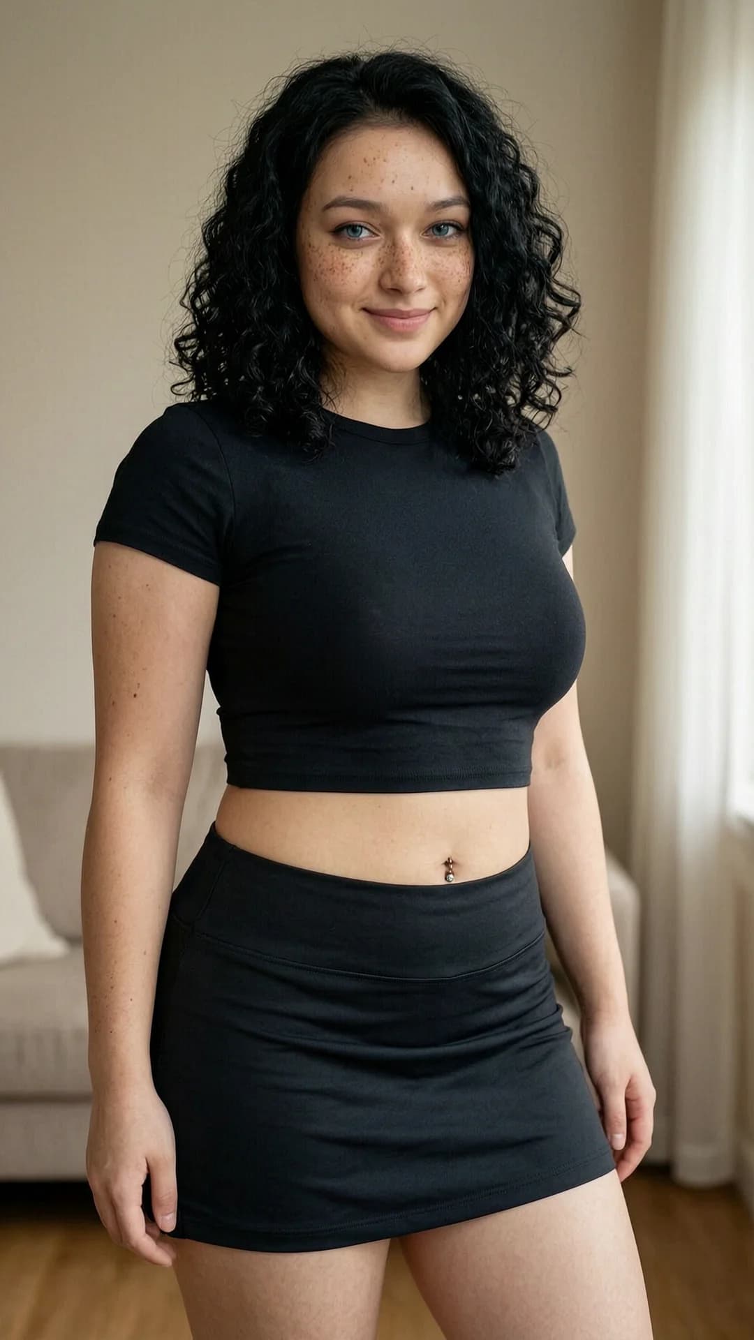 A 21-year-old Asian woman with a chubby body type, curly black hair, blue eyes, freckles across her cheeks, and a visible belly piercing, wearing a short black tennis skirt and a tight crop top shirt that exposes her midriff, standing in a relaxed three-quarter pose with hips slightly tilted, medium close-up portrait from a straight-on eye-level camera angle, direct intense eye contact with the viewer and a warm genuine smile with lips gently curved upward, soft natural window lighting highlighting skin texture and fabric details, cozy indoor setting with neutral background, joyful and confident mood, body physics showing natural curves and fabric drape. Flawless anatomy, no extra digits, no extra limbs, realistic skin texture, high-detail.