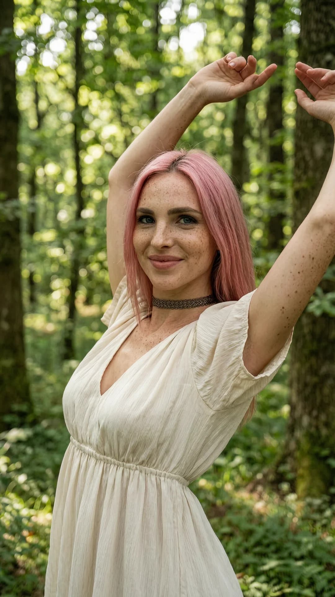 A 30-year-old Caucasian woman with straight pink hair, blue eyes, skinny body type, and freckles, wearing a light flowy summer dress and a fashionable choker, standing gracefully in a lush green forest with dappled sunlight filtering through the trees, stretching elegantly with arms raised and body arched, medium close-up portrait from front angle with direct eye contact and a warm inviting smile, serene mood, soft natural lighting, detailed fabric texture on the dress, cinematic composition, Flawless anatomy, no extra digits, no extra limbs, realistic skin texture, high-detail.