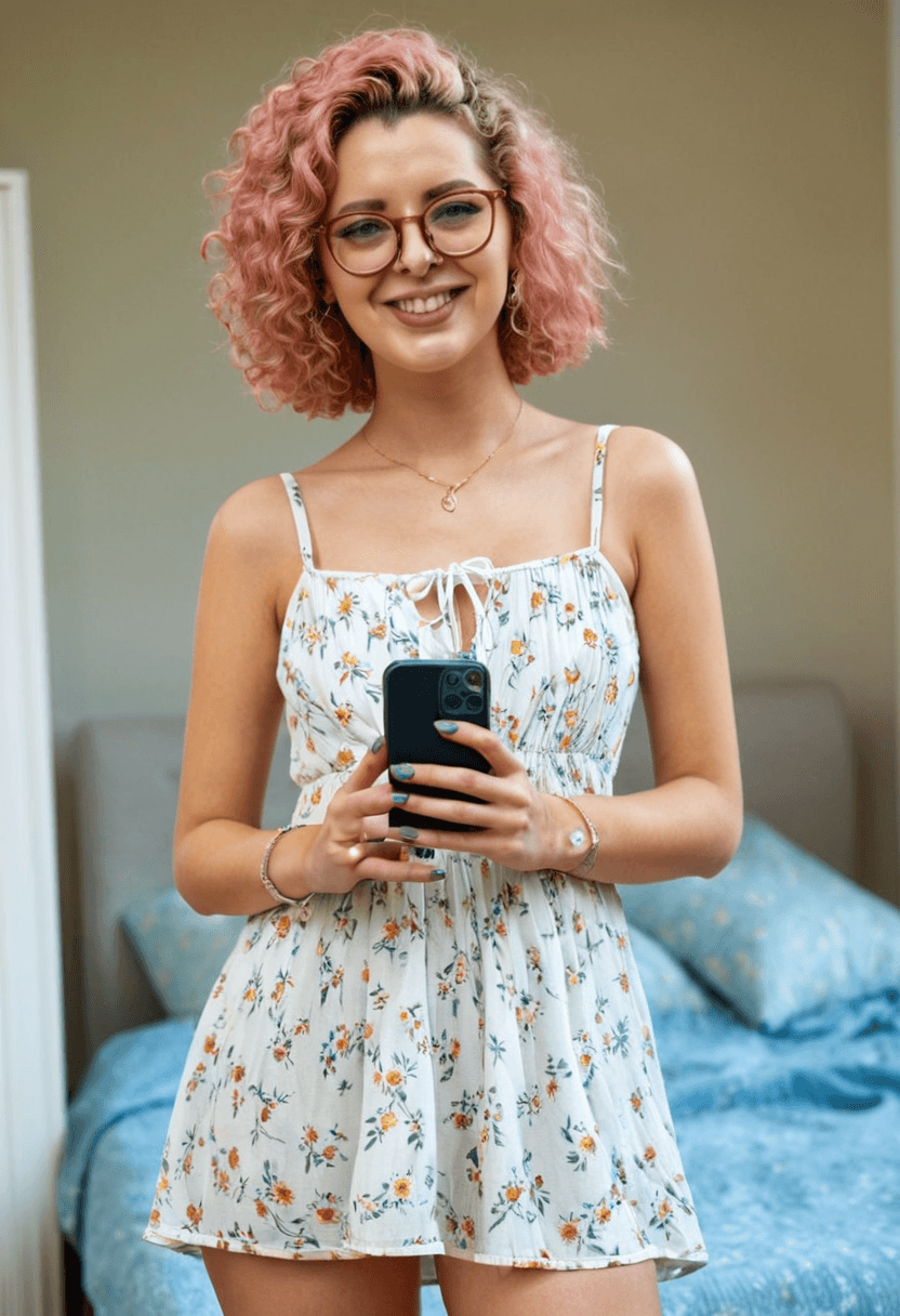 wearing a light flowy summer dress standing in her room, one hand revealing basic panties by lifting her dress and the other hand holding her phone
