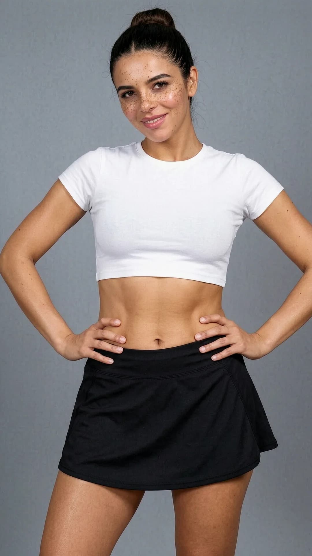 33-year-old Arabic woman with average body type, brunette hair in a neat bun, brown eyes, and scattered freckles across her nose and cheeks, portrait shot from a straight-on medium close-up camera angle at eye level, standing confidently with shoulders back and hands on hips, wearing a tight white crop top shirt that hugs her midriff exposing toned abs and a short black tennis skirt that flares slightly at the hips revealing athletic thighs, soft natural daylight lighting from the front casting gentle shadows on her face and highlighting her smooth olive skin with a subtle sheen, smiling warmly at the viewer with direct eye contact full of playful confidence and parted lips, head slightly tilted, body relaxed yet poised with natural breast lift under the crop top and subtle muscle tension in her core, realistic style, flawless anatomy, no extra digits, no extra limbs, realistic skin texture, high-detail.