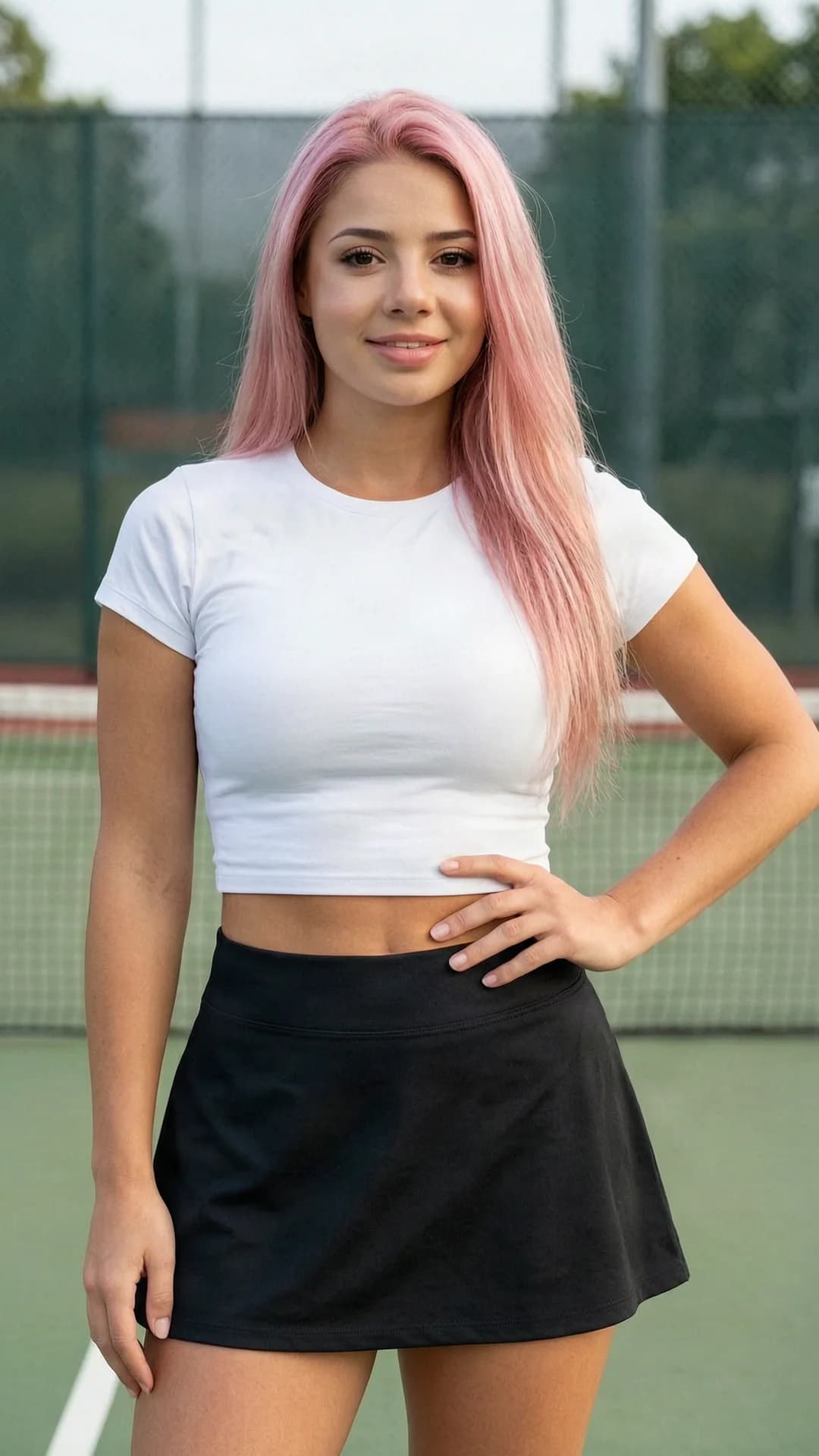 A 24-year-old Caucasian woman with long pink hair, brown eyes, and a fit body type, wearing a short black tennis skirt and a tight white crop top shirt that exposes her midriff, standing in a realistic style medium close-up portrait from a direct frontal angle, body slightly angled with one hand resting on her hip and the other lightly touching her skirt hem, direct eye contact with the viewer and a warm inviting smile with lips gently parted, soft natural daylight lighting highlighting her toned physique and smooth skin, neutral outdoor tennis court background with subtle bokeh, cheerful and confident mood, Flawless anatomy, no extra digits, no extra limbs, realistic skin texture, high-detail.