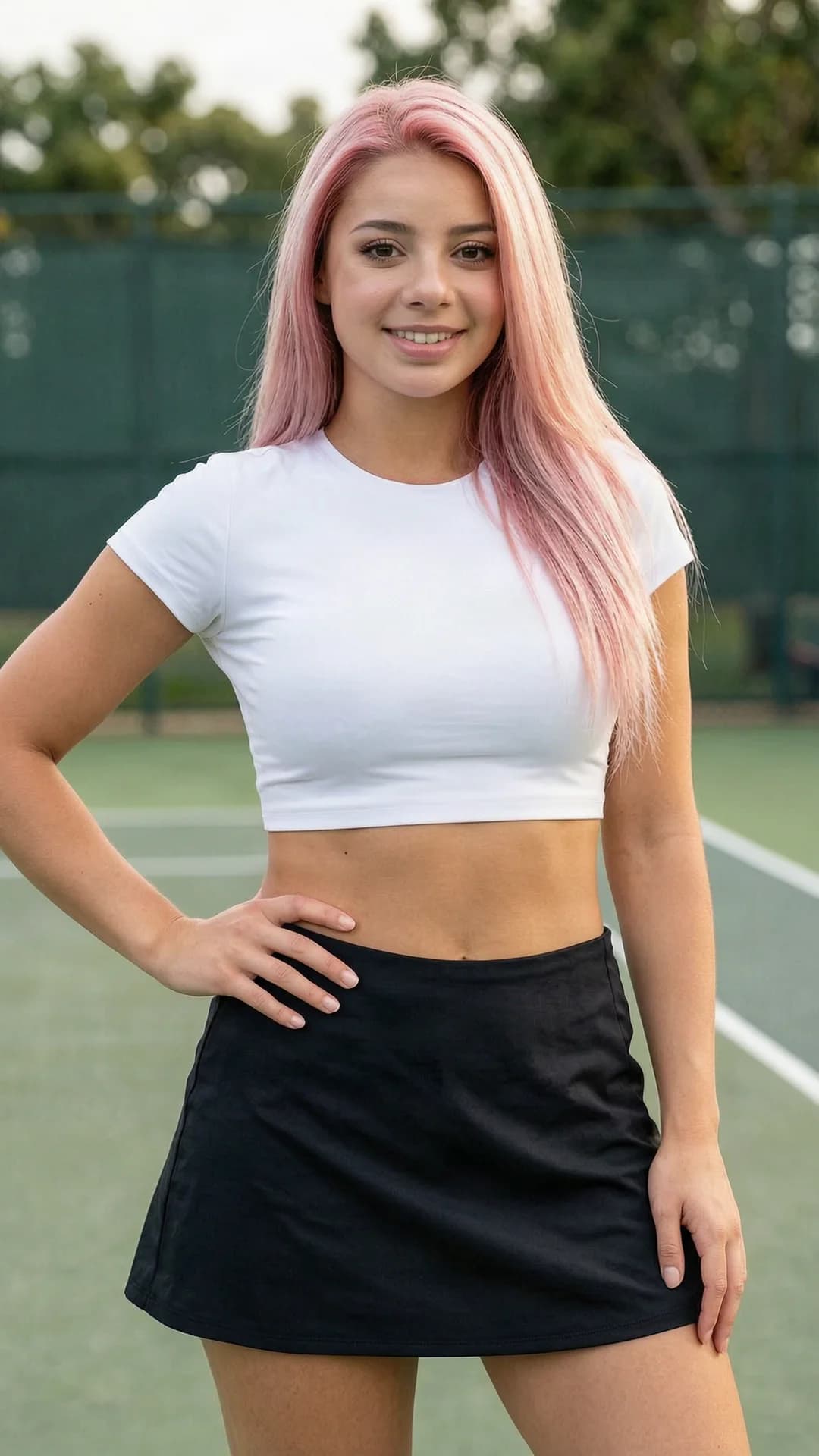 A 24-year-old Caucasian woman with long pink hair, brown eyes, and a fit body type, wearing a short black tennis skirt and a tight white crop top shirt that exposes her midriff, standing in a realistic style medium close-up portrait from a direct frontal angle, body slightly angled with one hand resting on her hip and the other lightly touching her skirt hem, direct eye contact with the viewer and a warm inviting smile with lips gently parted, soft natural daylight lighting highlighting her toned physique and smooth skin, neutral outdoor tennis court background with subtle bokeh, cheerful and confident mood, Flawless anatomy, no extra digits, no extra limbs, realistic skin texture, high-detail.