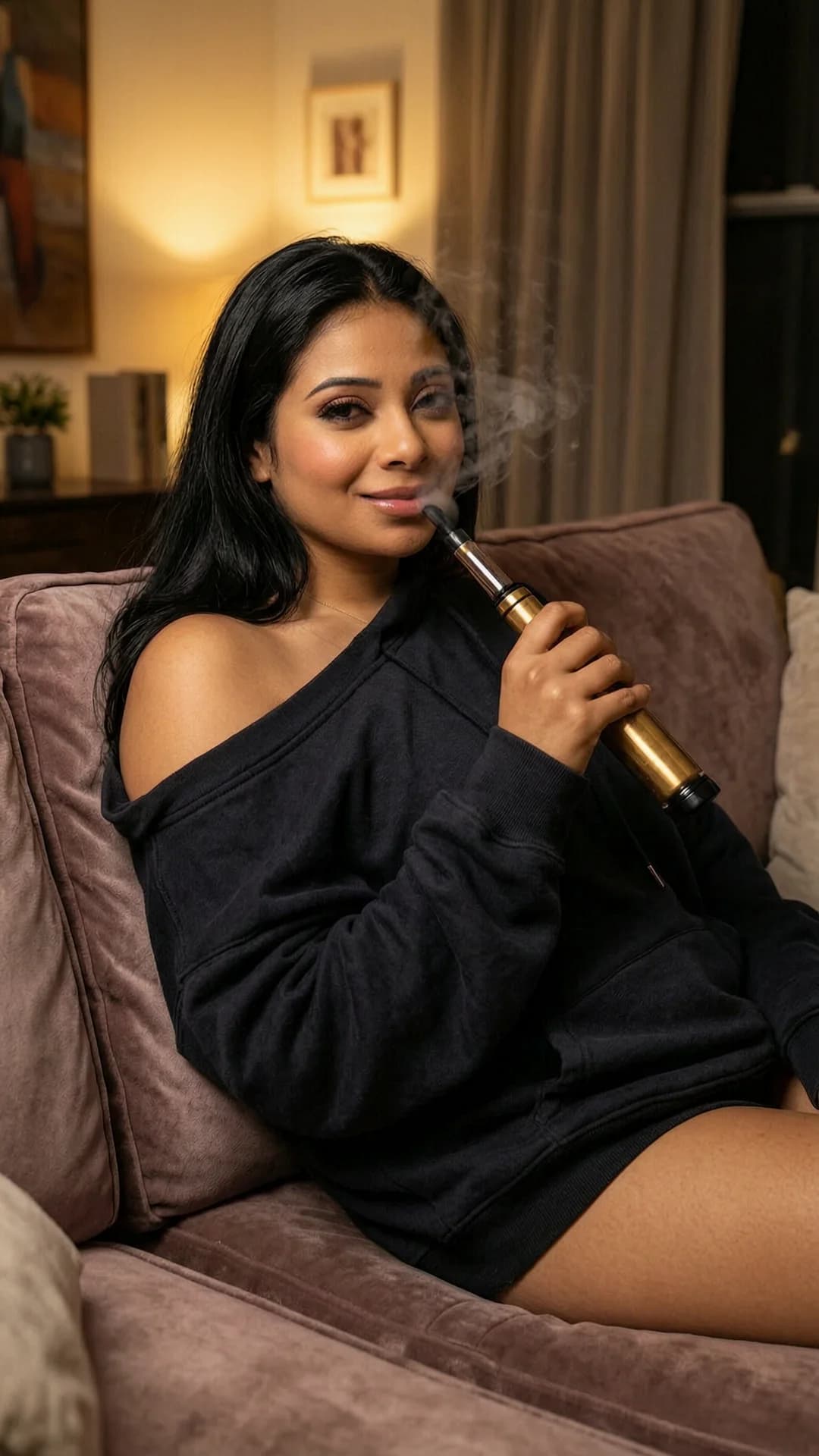A 24-year-old Indian woman with chubby body, straight black hair, and brown eyes lounges casually on a soft couch in a dimly lit living room, wearing nothing but an oversized hoodie that hangs loosely off one shoulder exposing her thick thighs and heavy breasts, legs parted in a relaxed pose while holding a bong to her lips and exhaling smoke, soft warm ambient lighting casting gentle shadows across her skin, medium close-up from eye-level front angle with direct eye contact and a relaxed playful smile, lips parted, nsfw, visible under-hoodie curves and natural body tension, Flawless anatomy, no extra digits, no extra limbs, realistic skin texture, high-detail.
