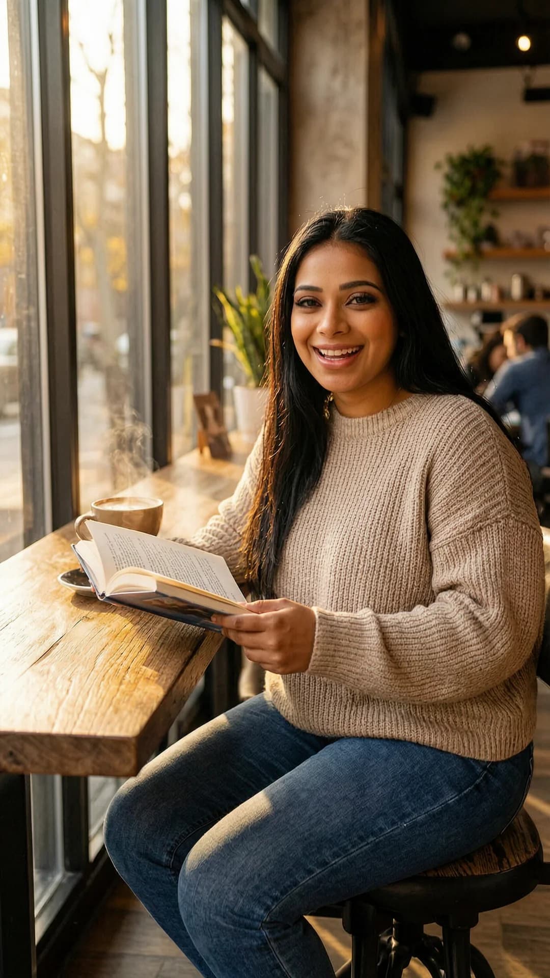 24-year-old Indian woman with chubby body type, straight black hair, and brown eyes, wearing fitted jeans and a cozy oversized sweater, sitting relaxed at a wooden table in a trendy coffee shop while holding an open book in one hand and a steaming latte in the other with natural sunlight streaming through large windows casting warm autumnal golden highlights across the scene, genuine laughing expression with direct warm eye contact conveying approachable joy and comfort, three-quarter medium shot from eye level with soft cinematic lighting and shallow depth of field emphasizing her approachable vibe and casual lifestyle photography mood, Flawless anatomy, no extra digits, no extra limbs, realistic skin texture, high-detail.