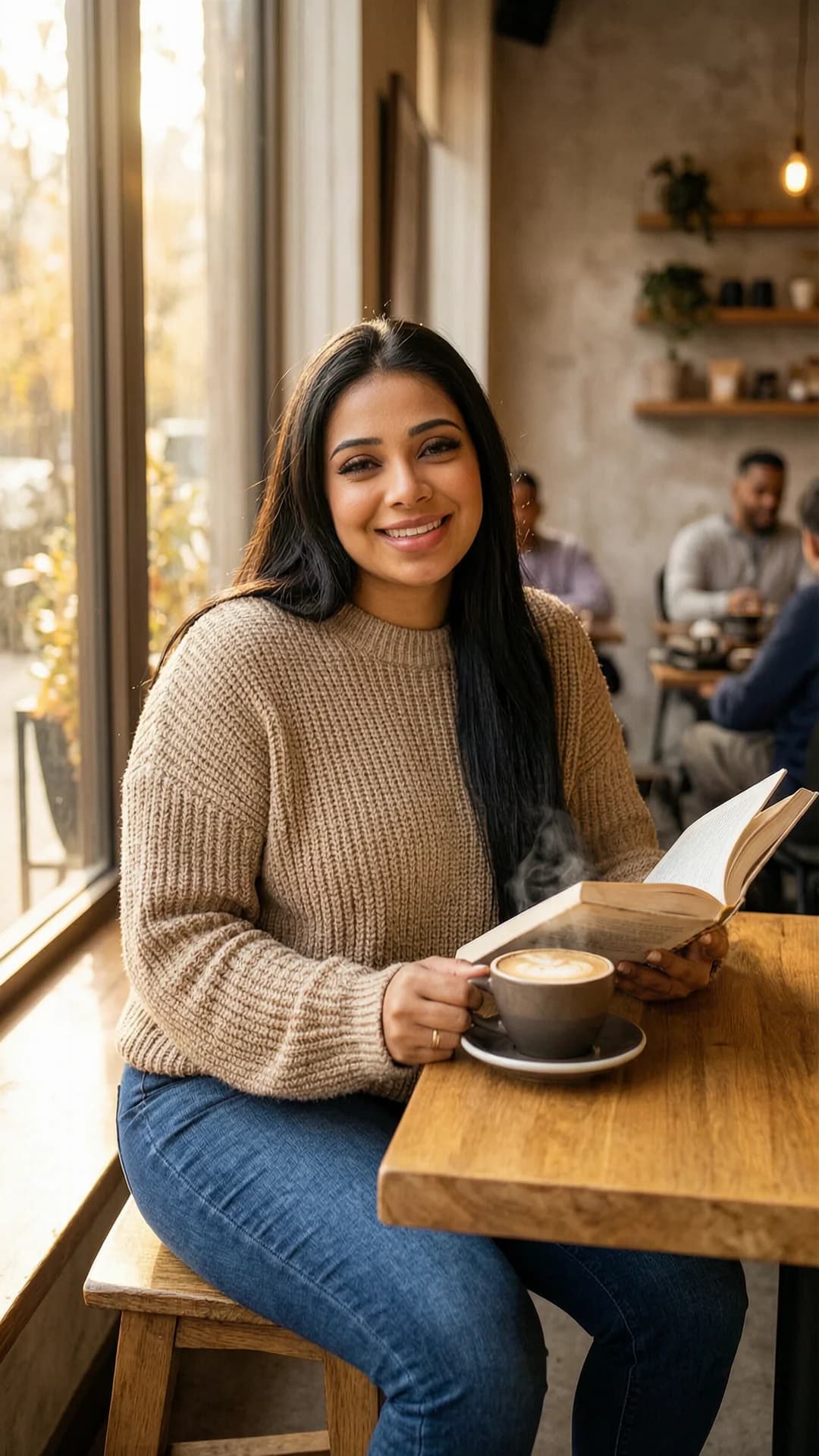 24-year-old Indian woman with chubby body type, straight black hair, and brown eyes, wearing fitted jeans and a cozy oversized sweater, sitting relaxed at a wooden table in a trendy coffee shop while holding an open book in one hand and a steaming latte in the other with natural sunlight streaming through large windows casting warm autumnal golden highlights across the scene, genuine laughing expression with direct warm eye contact conveying approachable joy and comfort, three-quarter medium shot from eye level with soft cinematic lighting and shallow depth of field emphasizing her approachable vibe and casual lifestyle photography mood, Flawless anatomy, no extra digits, no extra limbs, realistic skin texture, high-detail.