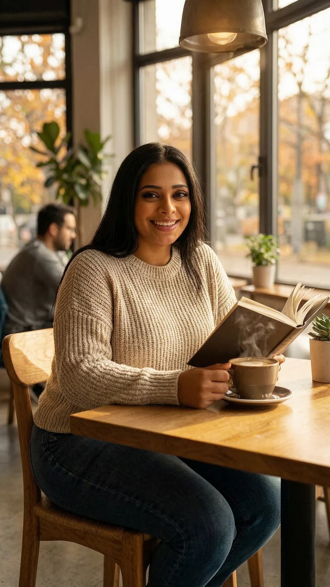 24-year-old Indian woman with chubby body type, straight black hair, and brown eyes, wearing fitted jeans and a cozy oversized sweater, sitting relaxed at a wooden table in a trendy coffee shop while holding an open book in one hand and a steaming latte in the other with natural sunlight streaming through large windows casting warm autumnal golden highlights across the scene, genuine laughing expression with direct warm eye contact conveying approachable joy and comfort, three-quarter medium shot from eye level with soft cinematic lighting and shallow depth of field emphasizing her approachable vibe and casual lifestyle photography mood, Flawless anatomy, no extra digits, no extra limbs, realistic skin texture, high-detail.