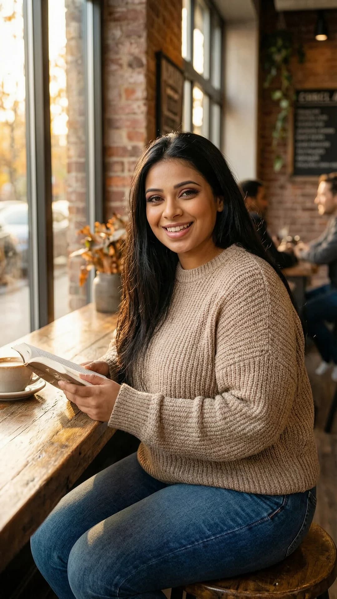 24-year-old Indian woman with chubby body type, straight black hair, and brown eyes, wearing fitted jeans and a cozy oversized sweater, sitting relaxed at a wooden table in a trendy coffee shop while holding an open book in one hand and a steaming latte in the other with natural sunlight streaming through large windows casting warm autumnal golden highlights across the scene, genuine laughing expression with direct warm eye contact conveying approachable joy and comfort, three-quarter medium shot from eye level with soft cinematic lighting and shallow depth of field emphasizing her approachable vibe and casual lifestyle photography mood, Flawless anatomy, no extra digits, no extra limbs, realistic skin texture, high-detail.