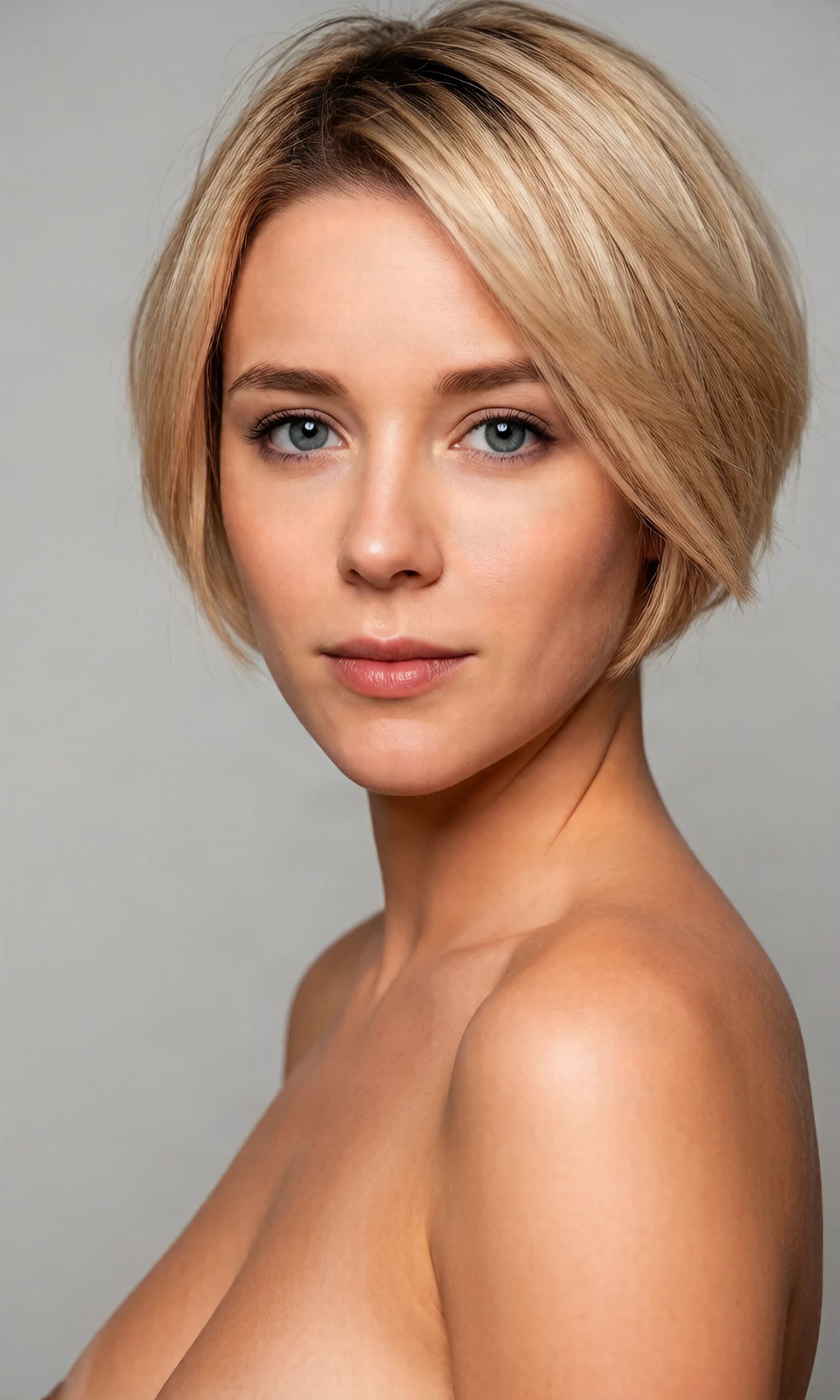 A 22-year-old Caucasian woman with short choppy blonde bixie flare-cut hair featuring side-swept bangs, striking light blue-grey eyes, fit athletic body type, and porcelain skin stands in a hyper-realistic 8k photorealistic close-up portrait positioned in a 3/4 profile view with dramatic natural lighting illuminating her form, complete and anatomically correct body visible under soft studio illumination, looking directly at the camera with intense eye contact and a neutral serene expression, natural satin-matte skin with realistic micro-textural pores and organic translucency, crystalline liquid-like eye depth with sharp specular highlights, shot on 85mm lens at f/1.8 with high contrast sharp focus subsurface scattering cinematic lighting against a neutral gray background, explicit anatomical detail. Flawless anatomy, no extra digits, no extra limbs, realistic skin texture, high-detail.