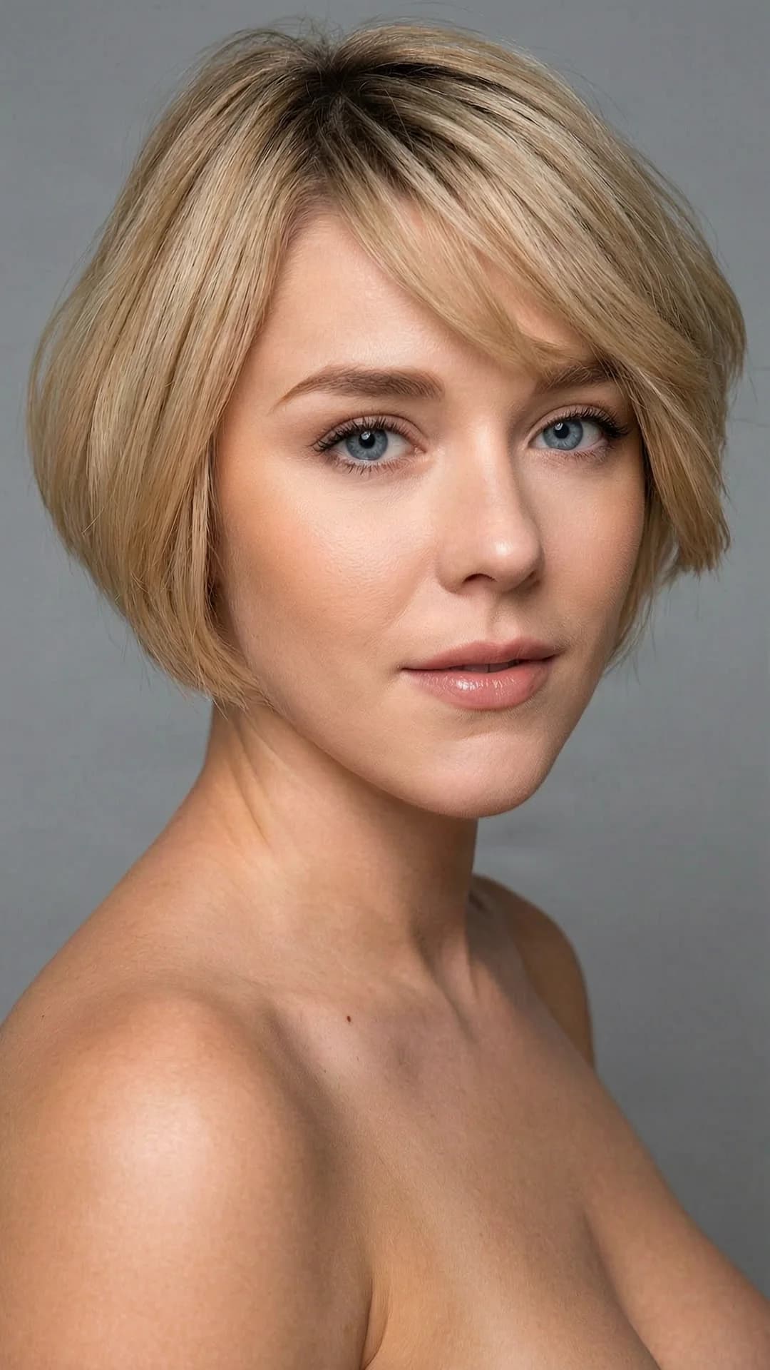 A 22-year-old Caucasian woman with short choppy blonde bixie-style hair featuring side-swept bangs, striking light blue-grey eyes, fit body type and porcelain skin stands in a hyper-realistic 8k photorealistic close-up portrait positioned in a 3/4 profile view with dramatic natural lighting, looking directly at the camera with neutral serene expression and calm direct eye contact, short airy organic hair texture with individual strand definition and soft sheen, natural satin-matte skin with realistic micro-textural pores and organic translucency, crystalline liquid-like eye depth with sharp specular highlights, shot on 85mm lens at f/1.8 with studio lighting high contrast sharp focus subsurface scattering cinematic lighting neutral gray background complete and anatomically correct body. Flawless anatomy, no extra digits, no extra limbs, realistic skin texture, high-detail.