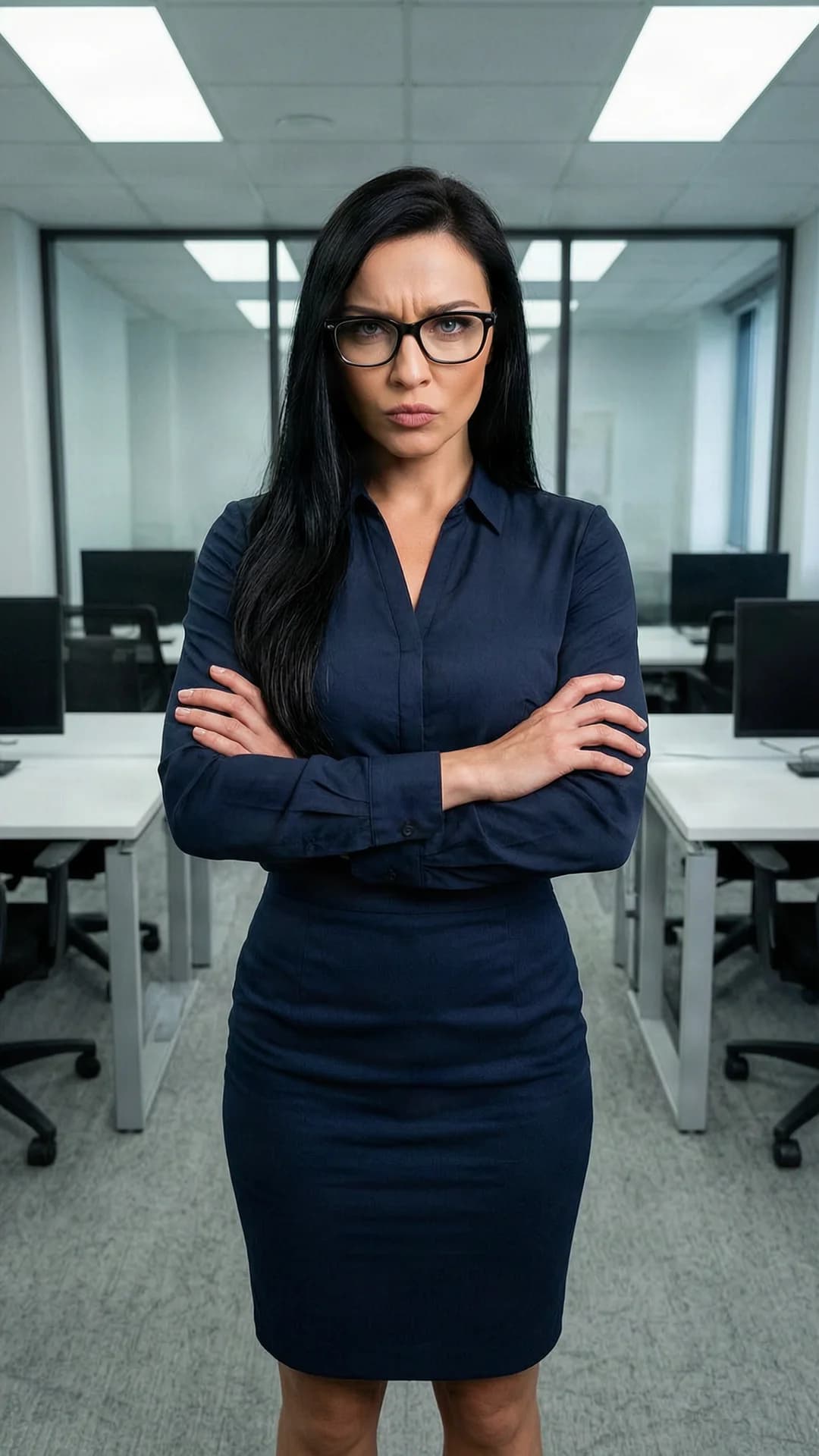 A 35-year-old Caucasian woman with long black hair, blue eyes, fit body type, wearing glasses, standing in a professional office setting in her full business outfit of fitted blouse, pencil skirt and heels, arms crossed tightly over her chest, body tense with anger, medium close-up from front angle with direct intense eye contact showing furious rage and furrowed brows, lips pressed thin, harsh office fluorescent lighting casting sharp shadows across her face and form, realistic style, Flawless anatomy, no extra digits, no extra limbs, realistic skin texture, high-detail.