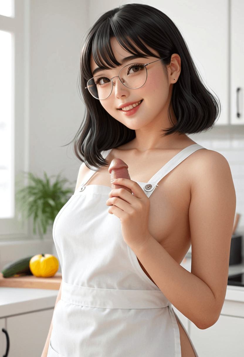 Wearing a white apron, the woman looks up at the viewer while performing fellatio