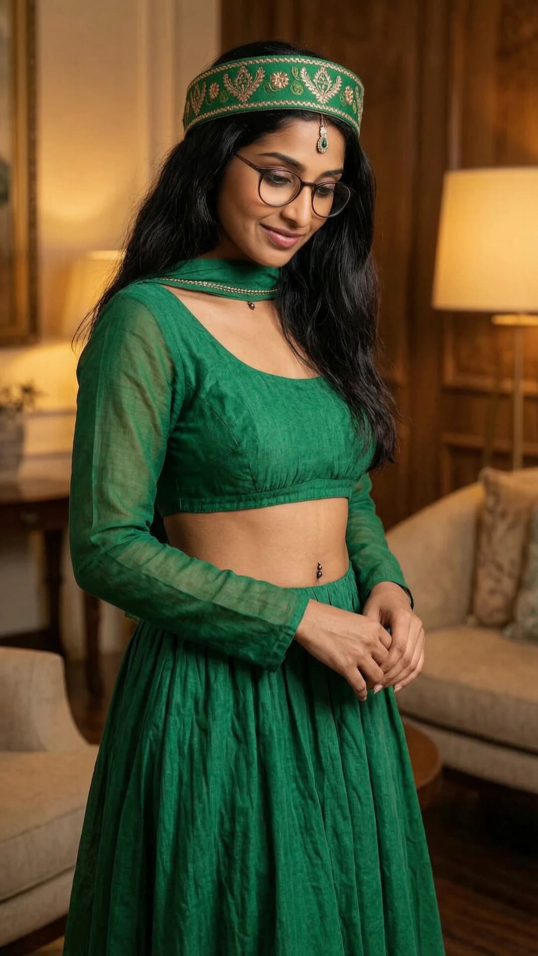 A 30-year-old Indian woman with a skinny body type, long black hair, brown eyes, wearing glasses, belly piercings, dressed in a beautiful flowing Indian-style green dress that exposes her midriff and matching traditional Indian headwear, standing in a softly lit elegant indoor setting with warm ambient lighting, body slightly turned with hands clasped in front, shyly looking at the viewer with gentle downward-tilted head and soft eye contact conveying bashful innocence, medium close-up from straight-on eye-level front angle, realistic skin texture and fabric details, Flawless anatomy, no extra digits, no extra limbs, realistic skin texture, high-detail.