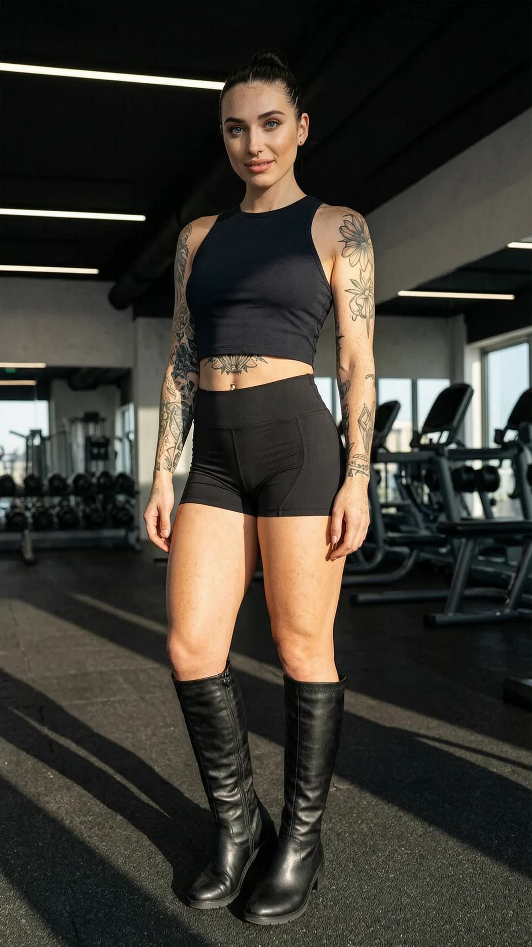 21-year-old Caucasian woman with black hair in a tight bun, striking blue eyes, skinny toned build, freckled skin, visible tattoos across arms and torso, and nipple piercings pressing visibly through fabric, wearing skin-tight sport shorts that barely cover her ass cheeks, a cropped short crop top exposing underboob, and knee-high leather boots, standing in a sleek modern gym with dramatic side lighting casting sharp shadows on her curves, body angled in a confident three-quarter pose with one leg forward and hips tilted to accentuate her ass, back slightly arched, maintaining intense direct eye contact with the viewer and a seductive confident smirk with lips parted, low-angle medium shot emphasizing her full figure and clothing details, flawless anatomy, no extra digits, no extra limbs, realistic skin texture, high-detail.
