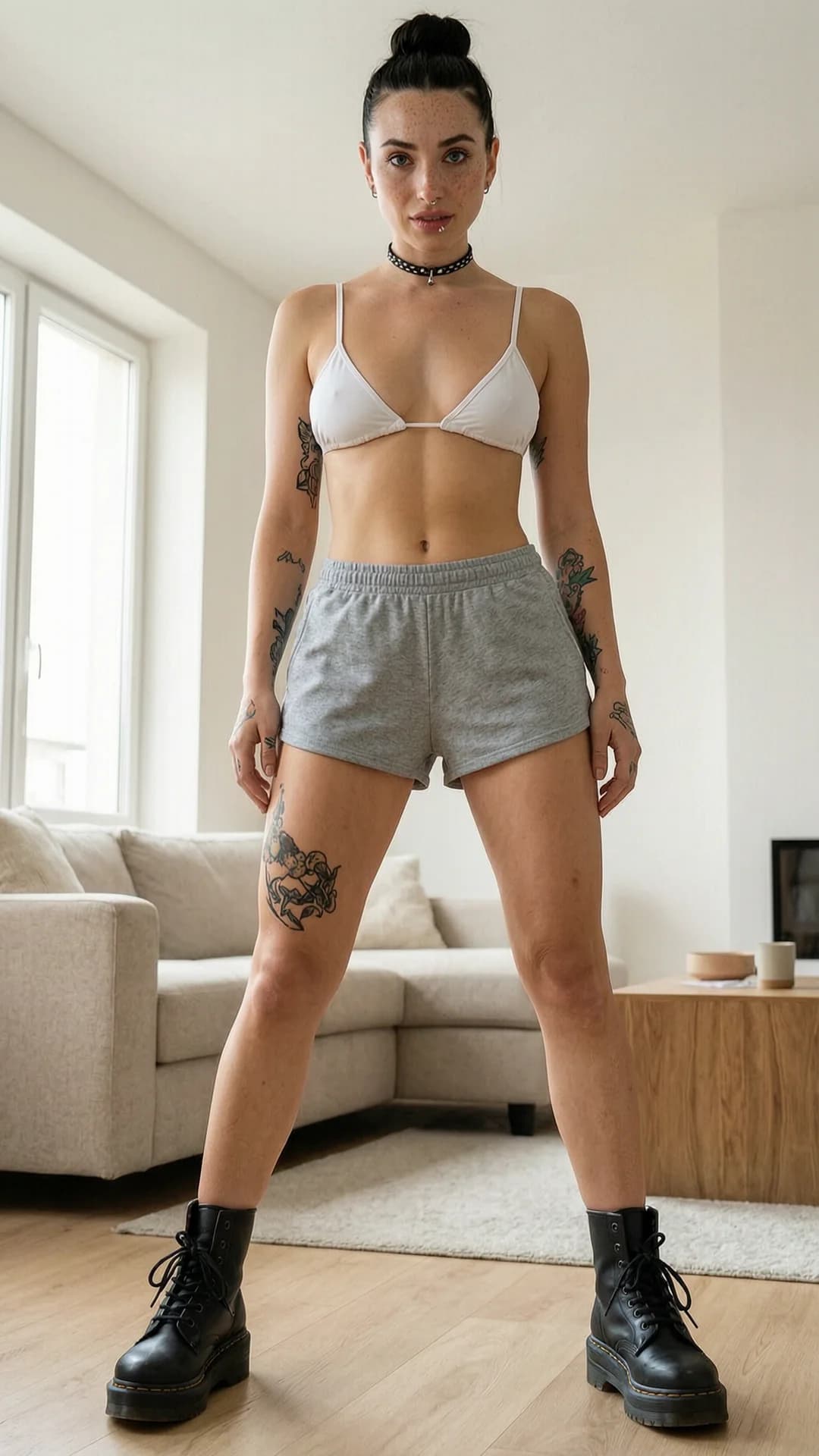 21-year-old Caucasian woman with black hair in a tight bun, blue eyes, skinny body type, freckles across her cheeks and chest, visible tattoos on arms and thighs, nipple piercings visible through fabric, wearing Doc Martens plateau boots, a white thin bikini top, really short grey sport shorts and a choker necklace, standing in a modern living room with soft natural window light, full body view from slightly low angle, legs slightly apart in a relaxed stance, direct intense eye contact with confident seductive expression and lips parted, subtle skin sheen on collarbones, breast shape pressing against thin top fabric, flawless anatomy, no extra digits, no extra limbs, realistic skin texture, high-detail.