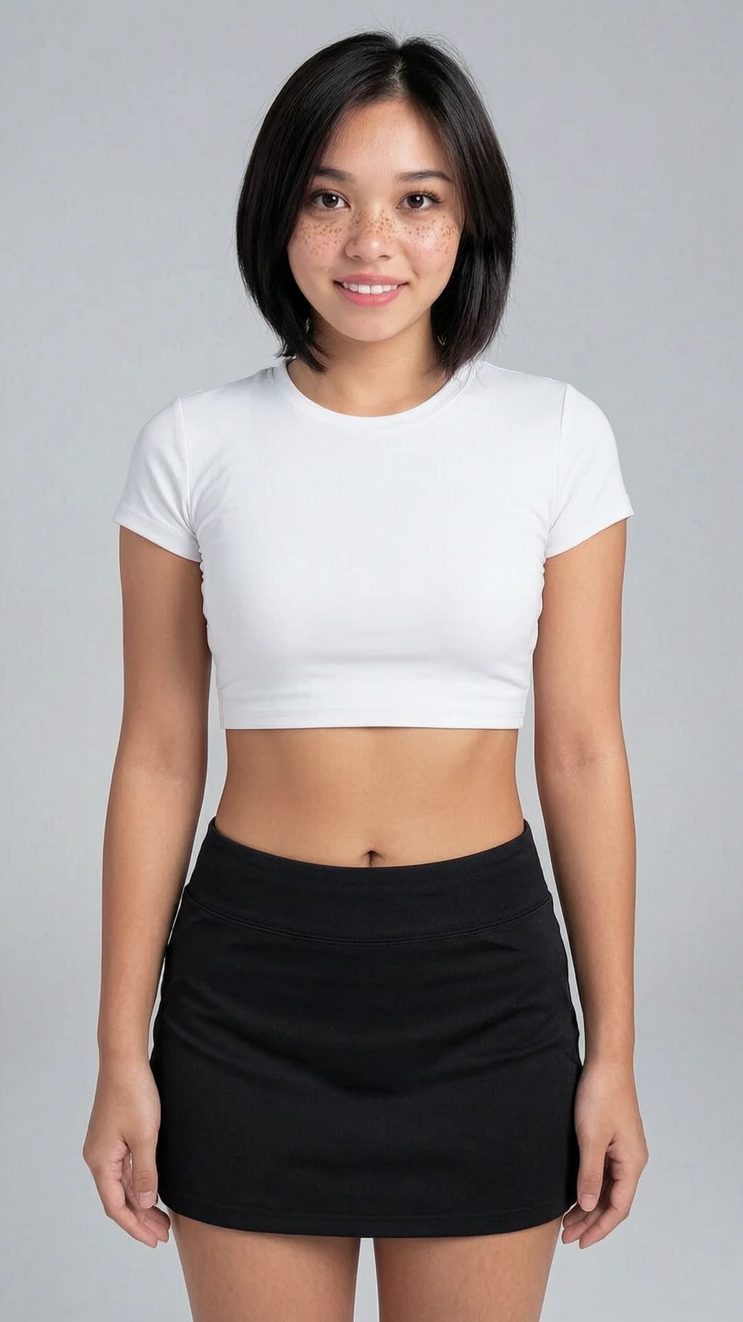 A 21-year-old Asian woman with a fit body, short brunette hair, brown eyes and freckles, wearing a short black tennis skirt and a tight white crop top shirt that exposes her midriff, standing in a neutral studio setting with soft natural lighting, medium close-up portrait from a direct front angle at eye level, direct eye contact with the viewer and a gentle warm smile, lips softly parted, relaxed upright posture with shoulders slightly angled, Flawless anatomy, no extra digits, no extra limbs, realistic skin texture, high-detail.