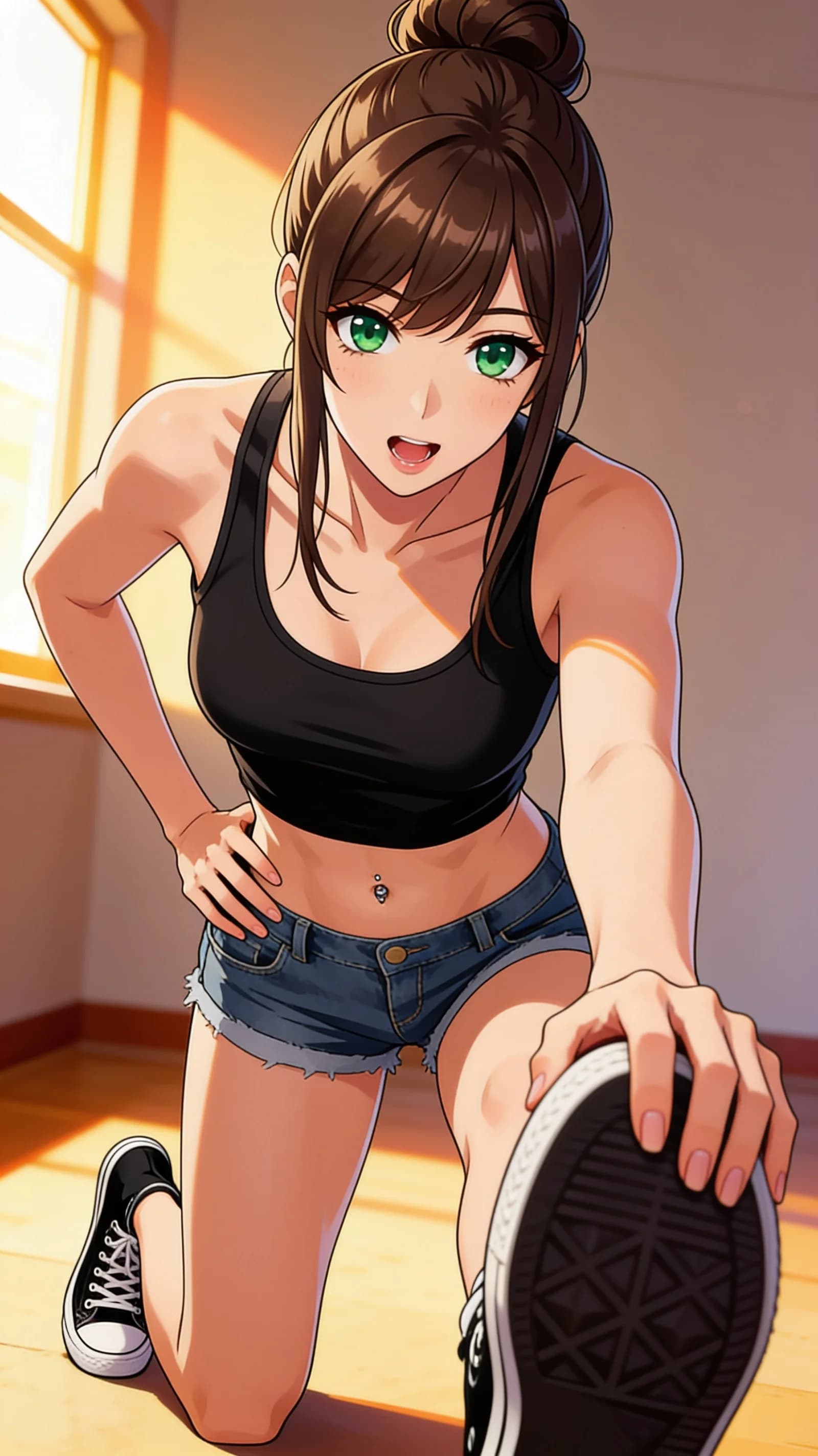 anime style, 2D cel-shaded anime illustration, anime key visual, flat cel shading, clean bold line art, vibrant saturated colors, large detailed expressive anime eyes with crisp catchlights, flat 2D rendering, not photorealistic, not 3D render, 24-year-old caucasian woman with brunette hair in a tight bun, green eyes, skinny body type, visible belly piercings, standing dominantly in a simple indoor room with soft warm window light casting gentle highlights and subtle shadows across her form, wearing a cropped black tank top exposing her midriff and denim shorts, one black converse sneaker extended forward toward the viewer while the other foot remains planted, strict first-person POV from kneeling position looking upward at her, her body angled slightly forward with one hand on hip, intense downward eye contact with seductive dominance and parted lips, head-to-mid-thigh framing centered on the character in vertical 9:16 composition, detailed anime cel shading, crisp clean linework, correct anatomy, hands cleanly drawn with five fingers, studio-quality anime key visual; avoid: photorealistic, 3D render, extra fingers, deformed hands, blurry, low detail.